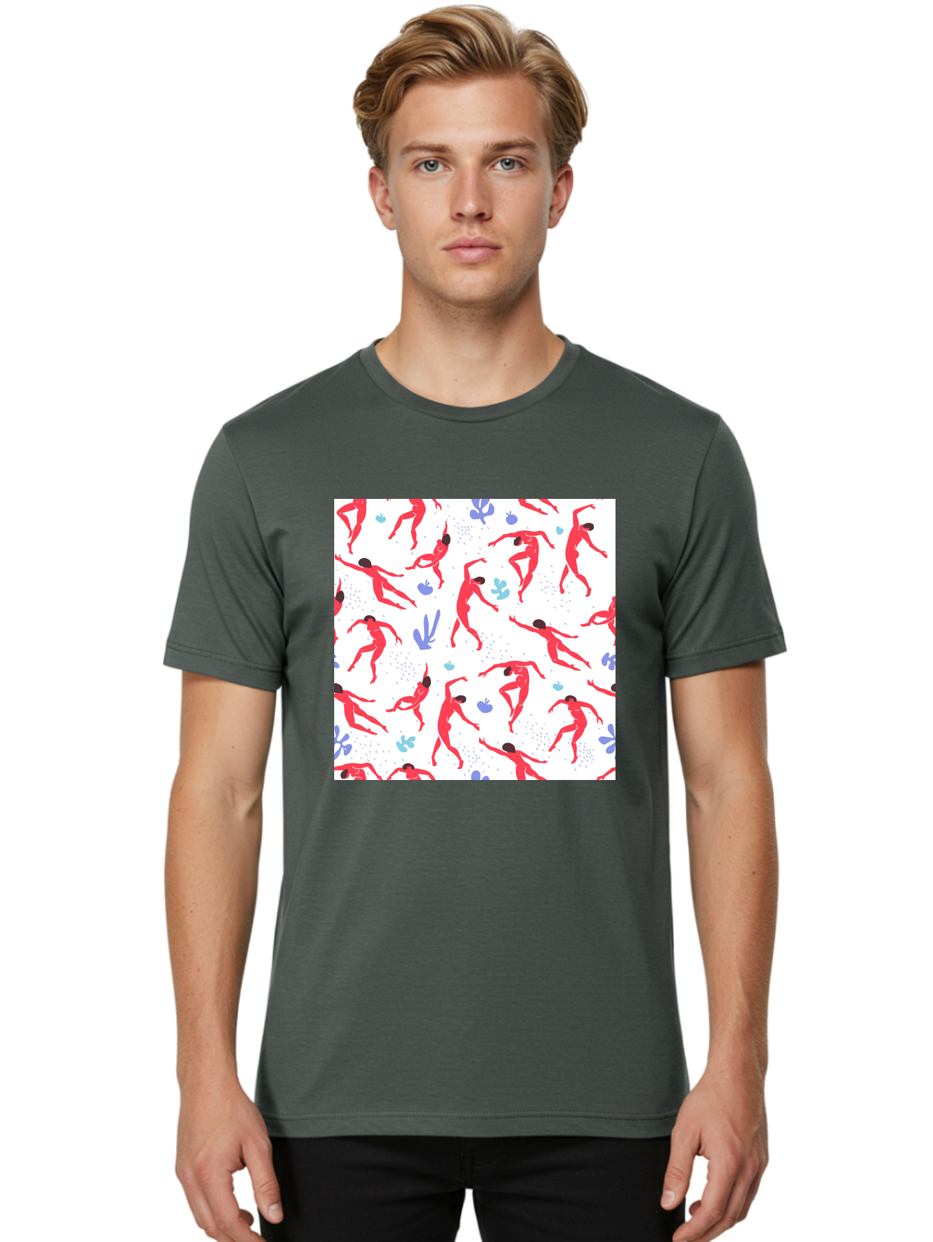 Yoga-Pattern Men'S Graphic Tee, 100% Cotton, Comfortable Casual Summer Wear, Machine Washable, Nude Figures, Red Silhouettes, Dynamic Poses, Yoga, Wellness, Floral Patterns, Abstract Shapes, Playful Designs, Modern Art, Minimalist Aesthetic Aab639