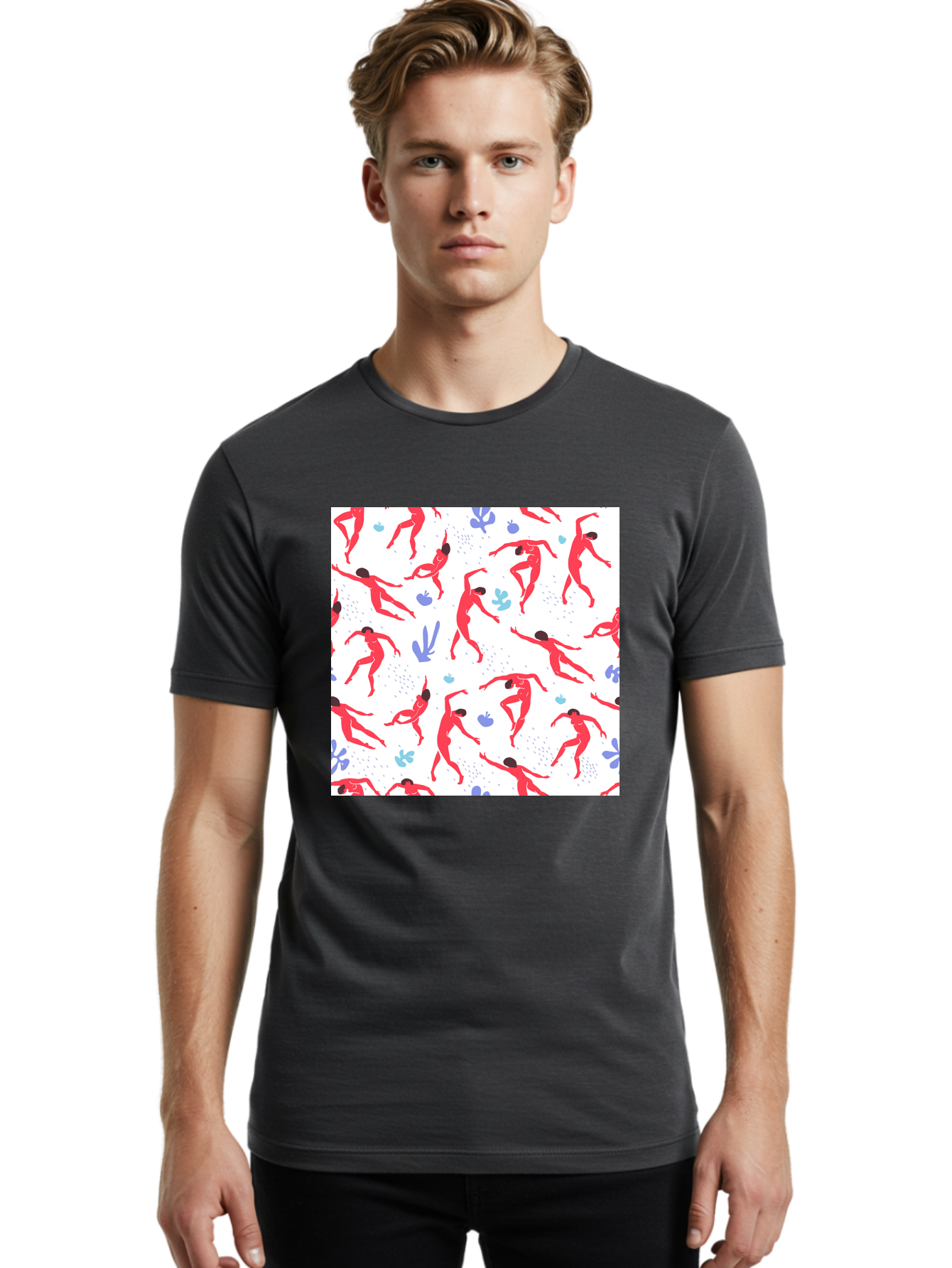 Yoga-Pattern Men'S Graphic Tee, 100% Cotton, Comfortable Casual Summer Wear, Machine Washable, Nude Figures, Red Silhouettes, Dynamic Poses, Yoga, Wellness, Floral Patterns, Abstract Shapes, Playful Designs, Modern Art, Minimalist Aesthetic Aab639