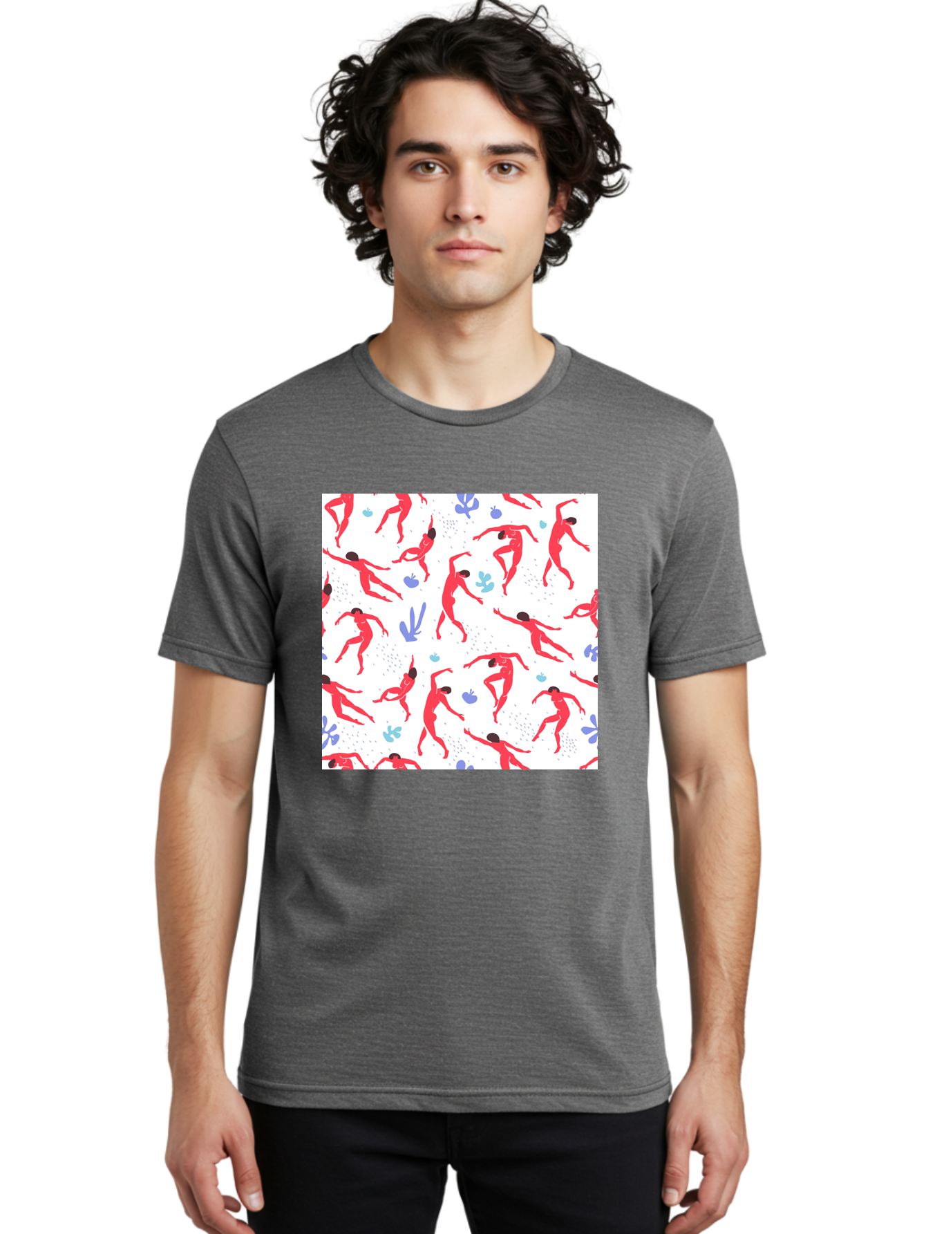 Yoga-Pattern Men'S Graphic Tee, 100% Cotton, Comfortable Casual Summer Wear, Machine Washable, Nude Figures, Red Silhouettes, Dynamic Poses, Yoga, Wellness, Floral Patterns, Abstract Shapes, Playful Designs, Modern Art, Minimalist Aesthetic Aab639