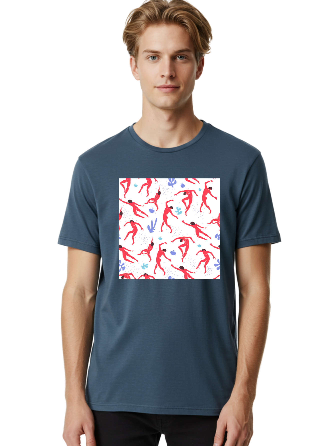 Yoga-Pattern Men'S Graphic Tee, 100% Cotton, Comfortable Casual Summer Wear, Machine Washable, Nude Figures, Red Silhouettes, Dynamic Poses, Yoga, Wellness, Floral Patterns, Abstract Shapes, Playful Designs, Modern Art, Minimalist Aesthetic Aab639