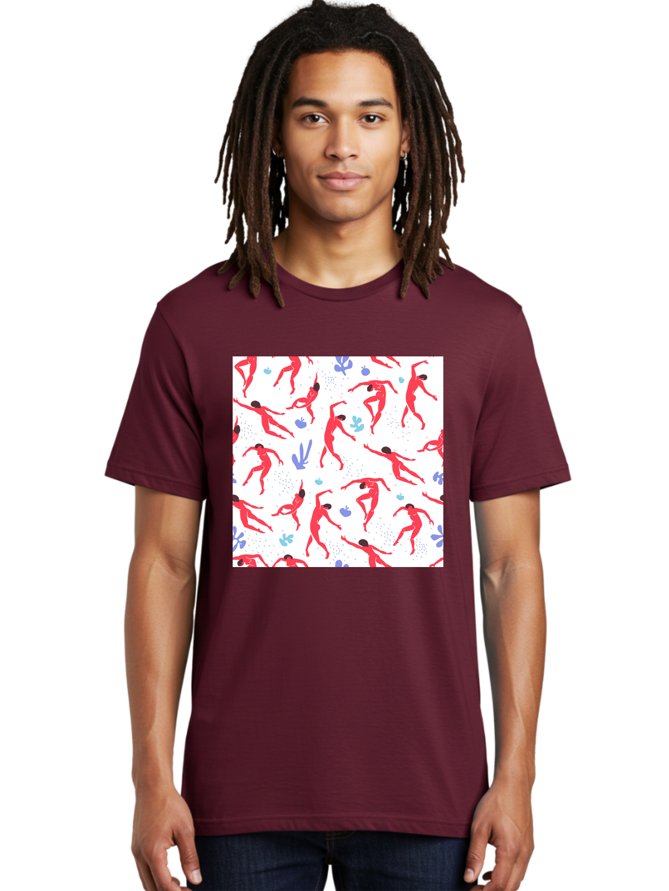 Yoga-Pattern Men'S Graphic Tee, 100% Cotton, Comfortable Casual Summer Wear, Machine Washable, Nude Figures, Red Silhouettes, Dynamic Poses, Yoga, Wellness, Floral Patterns, Abstract Shapes, Playful Designs, Modern Art, Minimalist Aesthetic Aab639