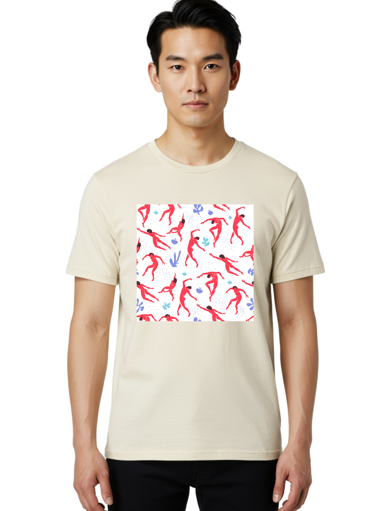 Yoga-Pattern Men'S Graphic Tee, 100% Cotton, Comfortable Casual Summer Wear, Machine Washable, Nude Figures, Red Silhouettes, Dynamic Poses, Yoga, Wellness, Floral Patterns, Abstract Shapes, Playful Designs, Modern Art, Minimalist Aesthetic Aab639