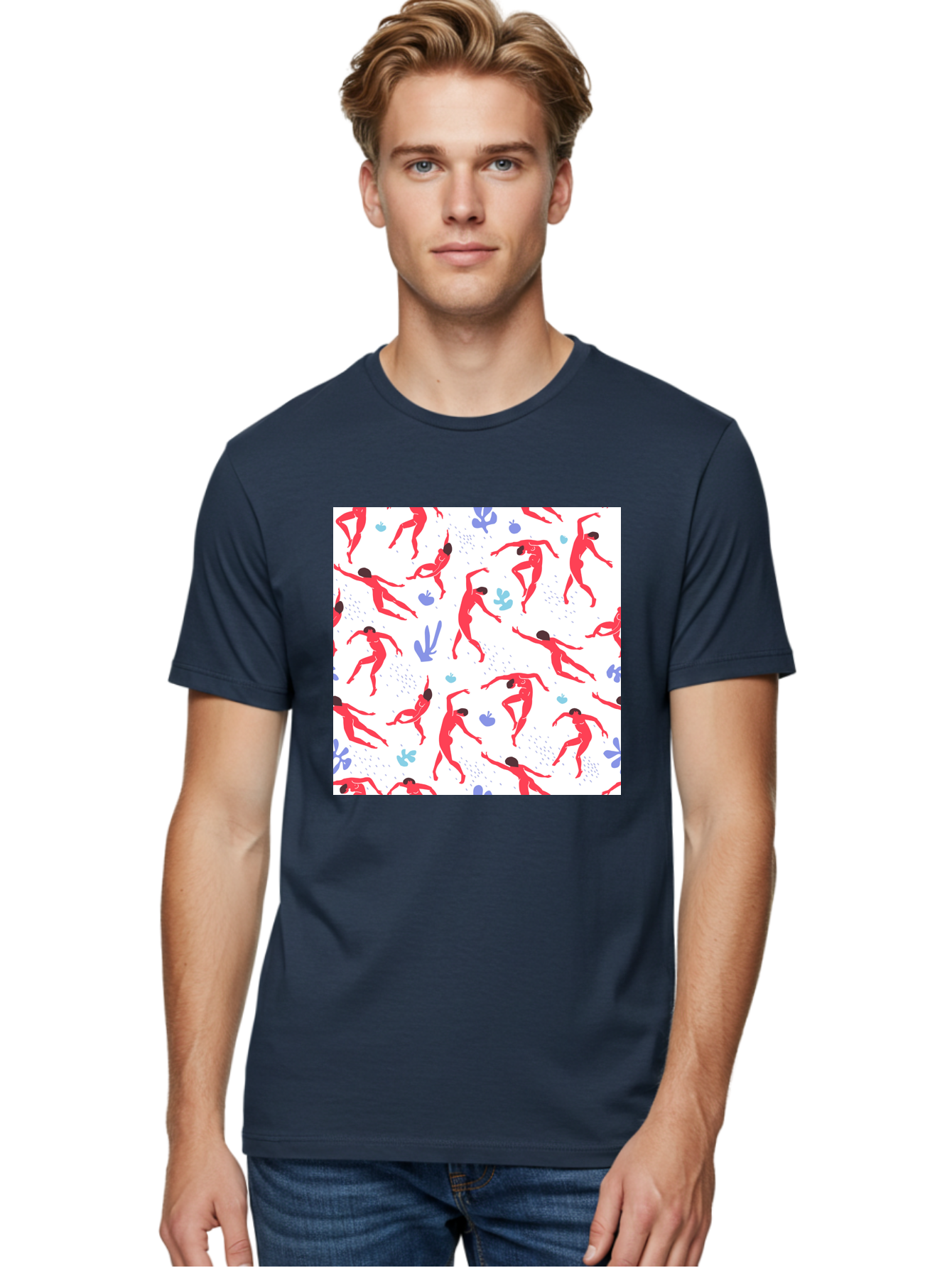 Yoga-Pattern Men'S Graphic Tee, 100% Cotton, Comfortable Casual Summer Wear, Machine Washable, Nude Figures, Red Silhouettes, Dynamic Poses, Yoga, Wellness, Floral Patterns, Abstract Shapes, Playful Designs, Modern Art, Minimalist Aesthetic Aab639