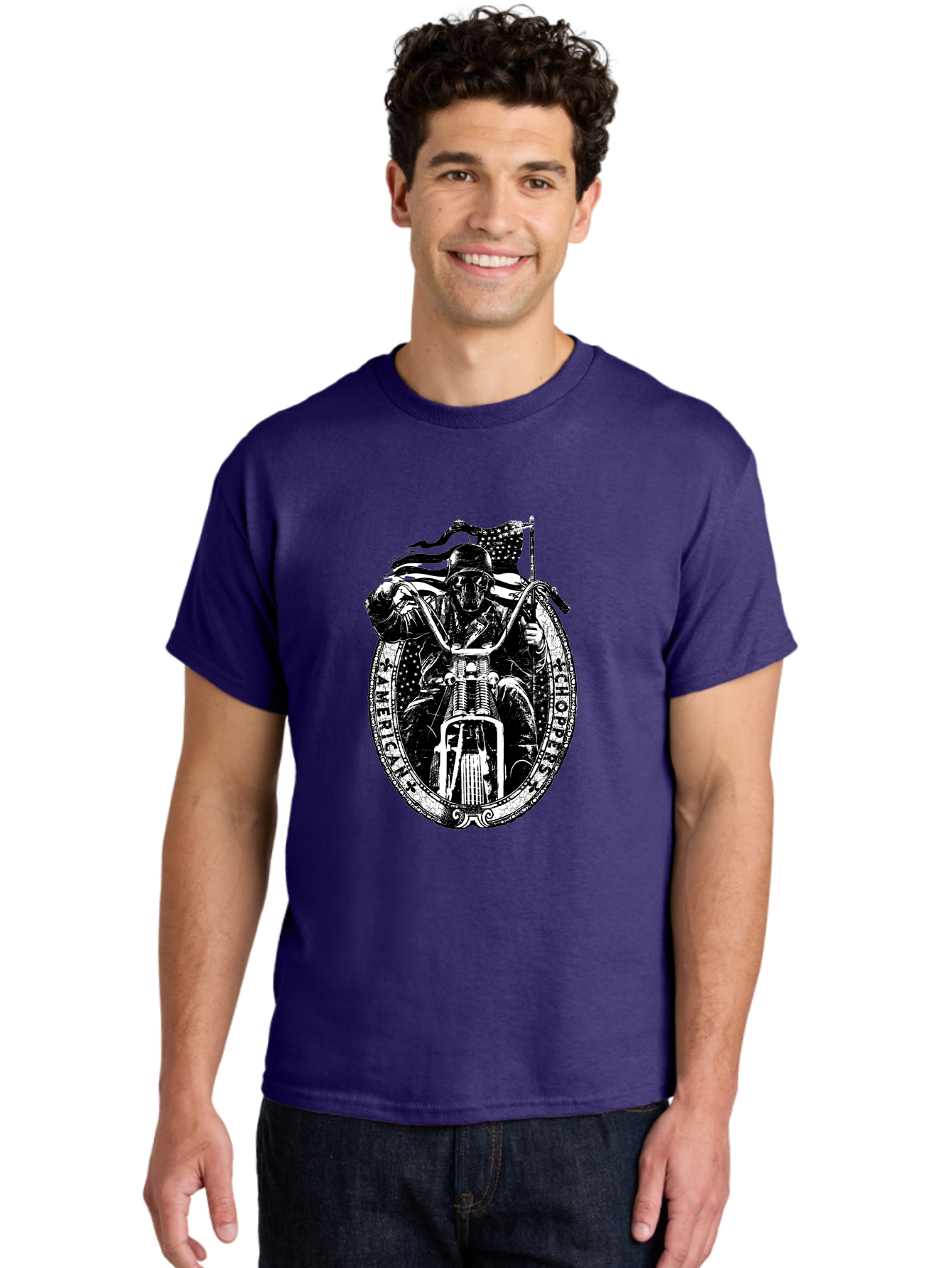 American-Chopper Men'S Graphic Tee, 100% Cotton, Comfortable Casual Summer Wear, Machine Washable, Motorcycle Culture, Biker Graphics, Patriotic Symbol, Chopper Bike, Skull Rider, American Flag, Bold Design, Black And White Illustration, Aab642