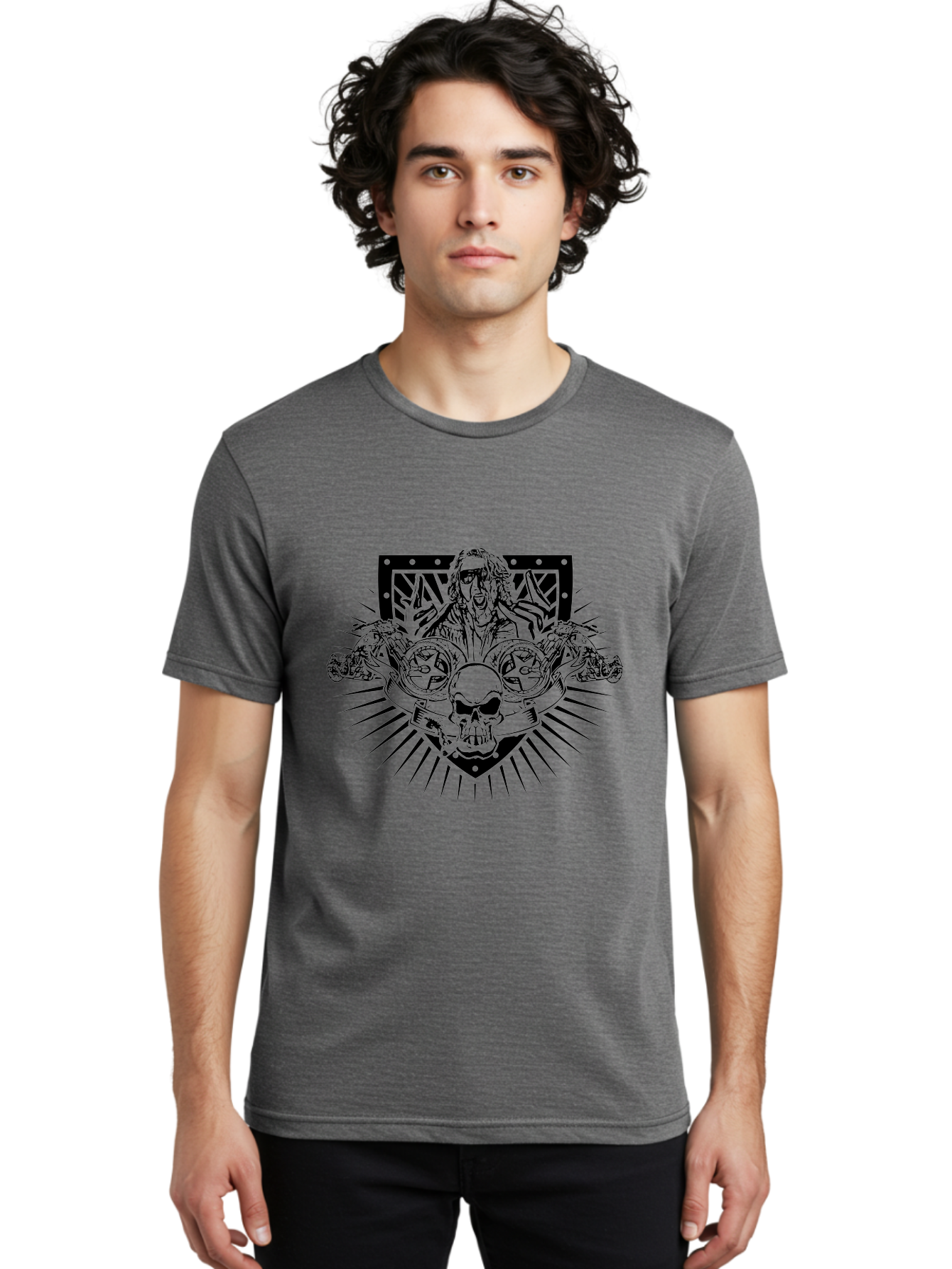 Biker-With-Skull Men'S Graphic Tee, 100% Cotton, Comfortable Casual Summer Wear, Machine Washable, Biker With Leather Jacket, Skull With Horns, Motorcycles, Rock And Roll Style, Biker Culture, Bold Illustration, Black And White Design, Aab643