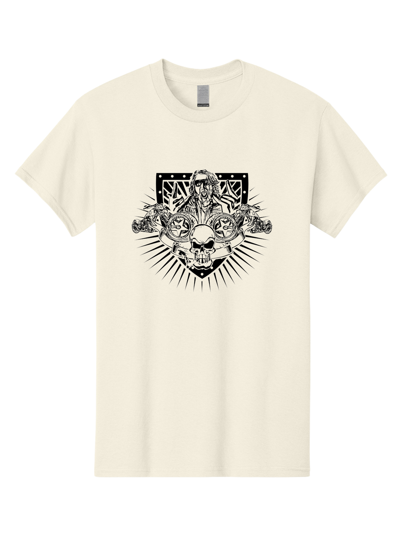 Biker-With-Skull Men'S Graphic Tee, 100% Cotton, Comfortable Casual Summer Wear, Machine Washable, Biker With Leather Jacket, Skull With Horns, Motorcycles, Rock And Roll Style, Biker Culture, Bold Illustration, Black And White Design, Aab643