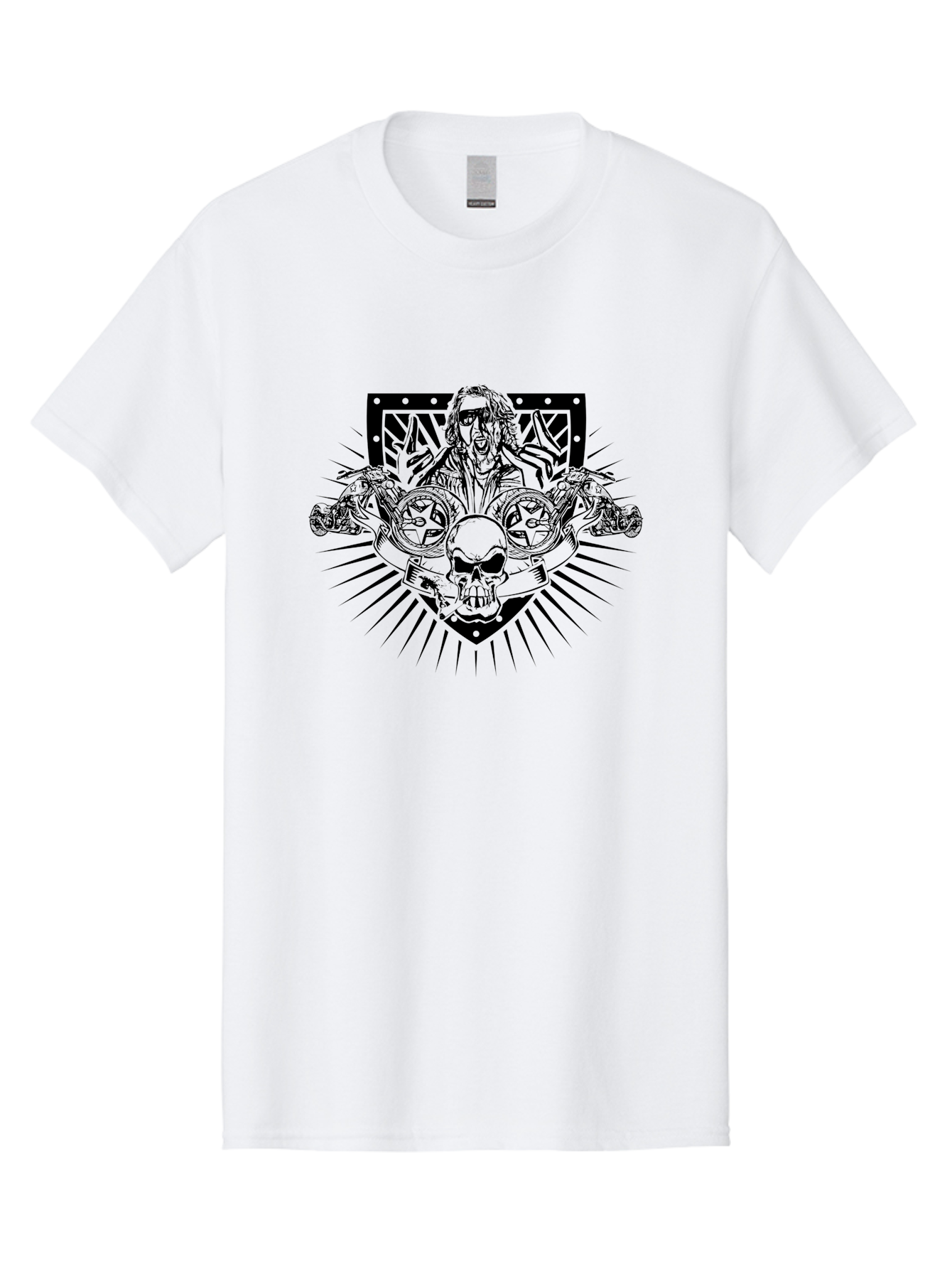 Biker-With-Skull Men'S Graphic Tee, 100% Cotton, Comfortable Casual Summer Wear, Machine Washable, Biker With Leather Jacket, Skull With Horns, Motorcycles, Rock And Roll Style, Biker Culture, Bold Illustration, Black And White Design, Aab643