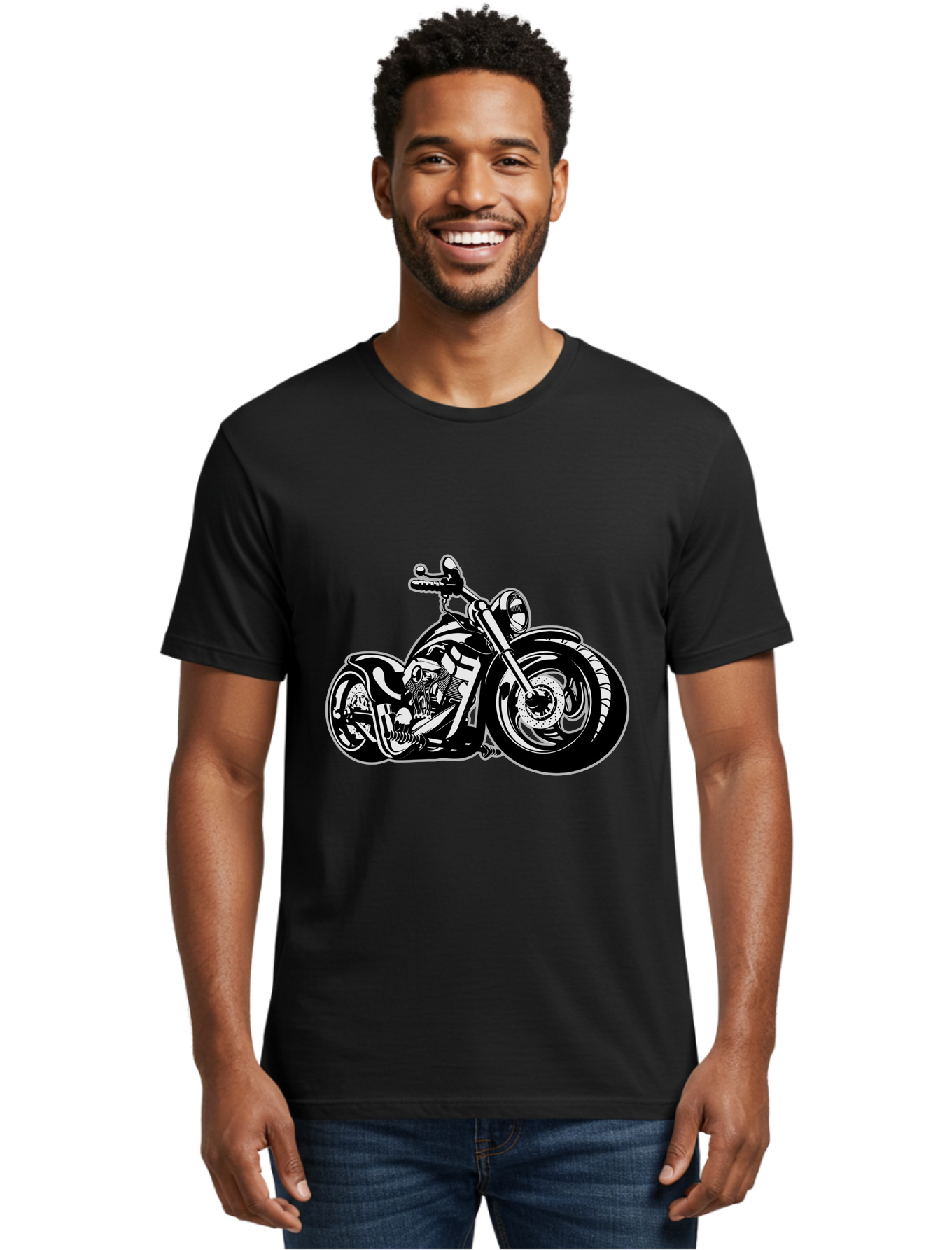 Chopper-Motorcycle Men'S Graphic Tee, 100% Cotton, Comfortable Casual Summer Wear, Machine Washable, Custom Motorcycle, Chopper Bike, Black And White Illustration, Biker Culture, Motorcycle Art, Custom Wheels, Chrome Exhaust, Motorbike Design Aab644