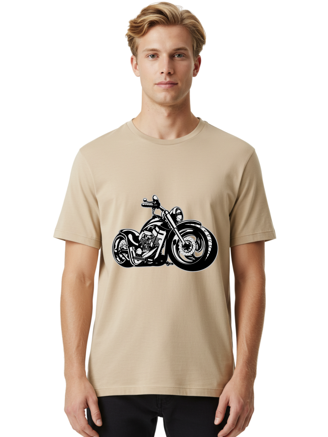 Chopper-Motorcycle Men'S Graphic Tee, 100% Cotton, Comfortable Casual Summer Wear, Machine Washable, Custom Motorcycle, Chopper Bike, Black And White Illustration, Biker Culture, Motorcycle Art, Custom Wheels, Chrome Exhaust, Motorbike Design Aab644