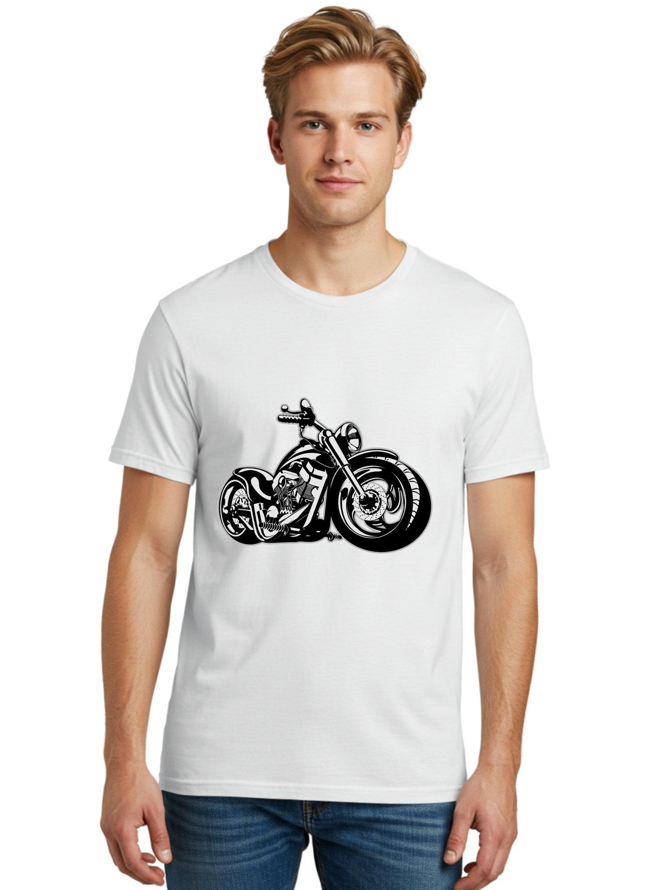 Chopper-Motorcycle Men'S Graphic Tee, 100% Cotton, Comfortable Casual Summer Wear, Machine Washable, Custom Motorcycle, Chopper Bike, Black And White Illustration, Biker Culture, Motorcycle Art, Custom Wheels, Chrome Exhaust, Motorbike Design Aab644