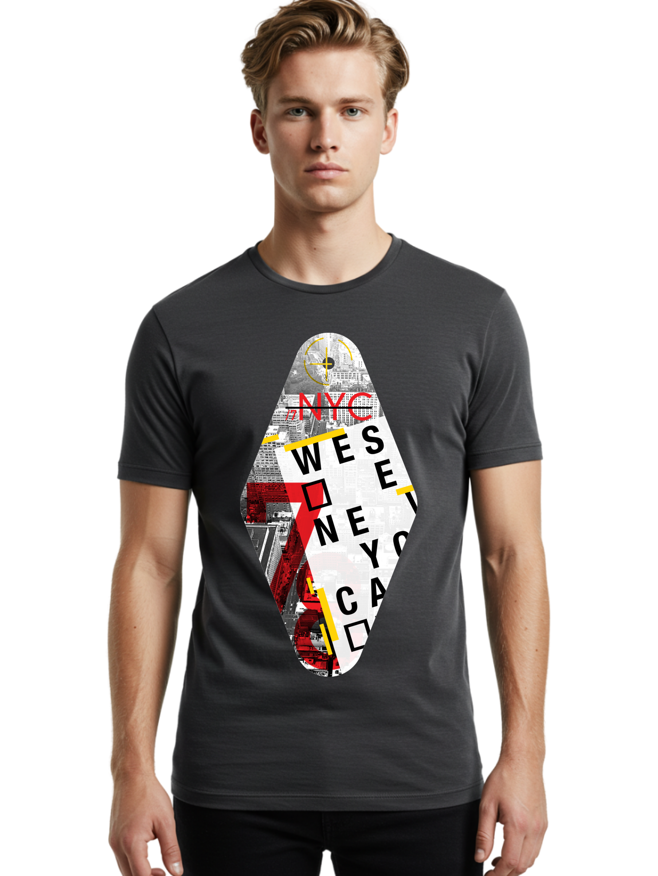 Nyc-West-New-York Men'S Graphic Tee, 100% Cotton, Comfortable Casual Summer Wear, Machine Washable, New York City, Cityscape, Urban Landscape, Abstract Art, Collage, Typography, Modern Design, City Views, Nyc Landmarks, Wesee Concept Aab646