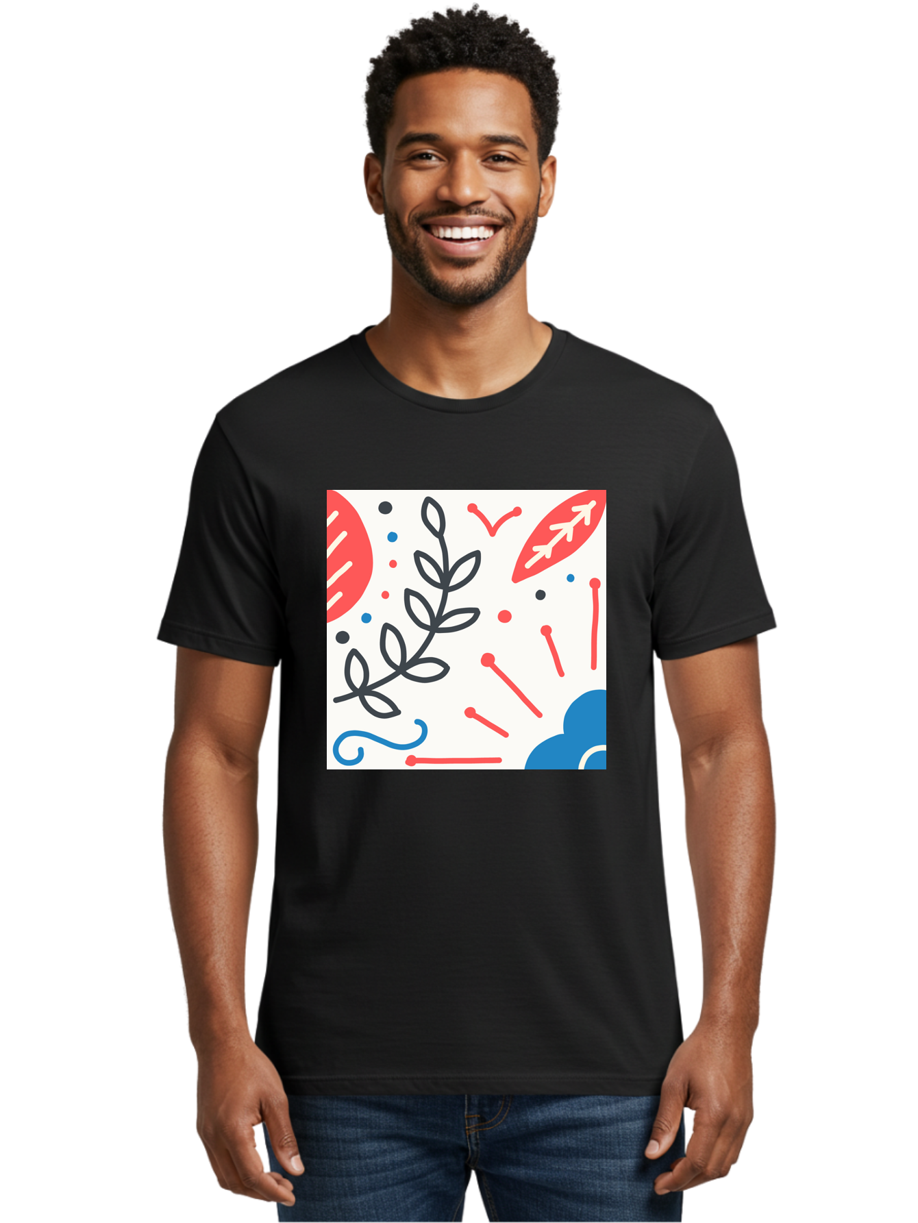 Abstract-Composition Men'S Graphic Tee, 100% Cotton, Comfortable Casual Summer Wear, Machine Washable, Abstract Floral Design, Minimalist Art, Red And Blue Accents, Simple Shapes, Creative Expression, Modern Aesthetic, Decorative Elements, Aab649