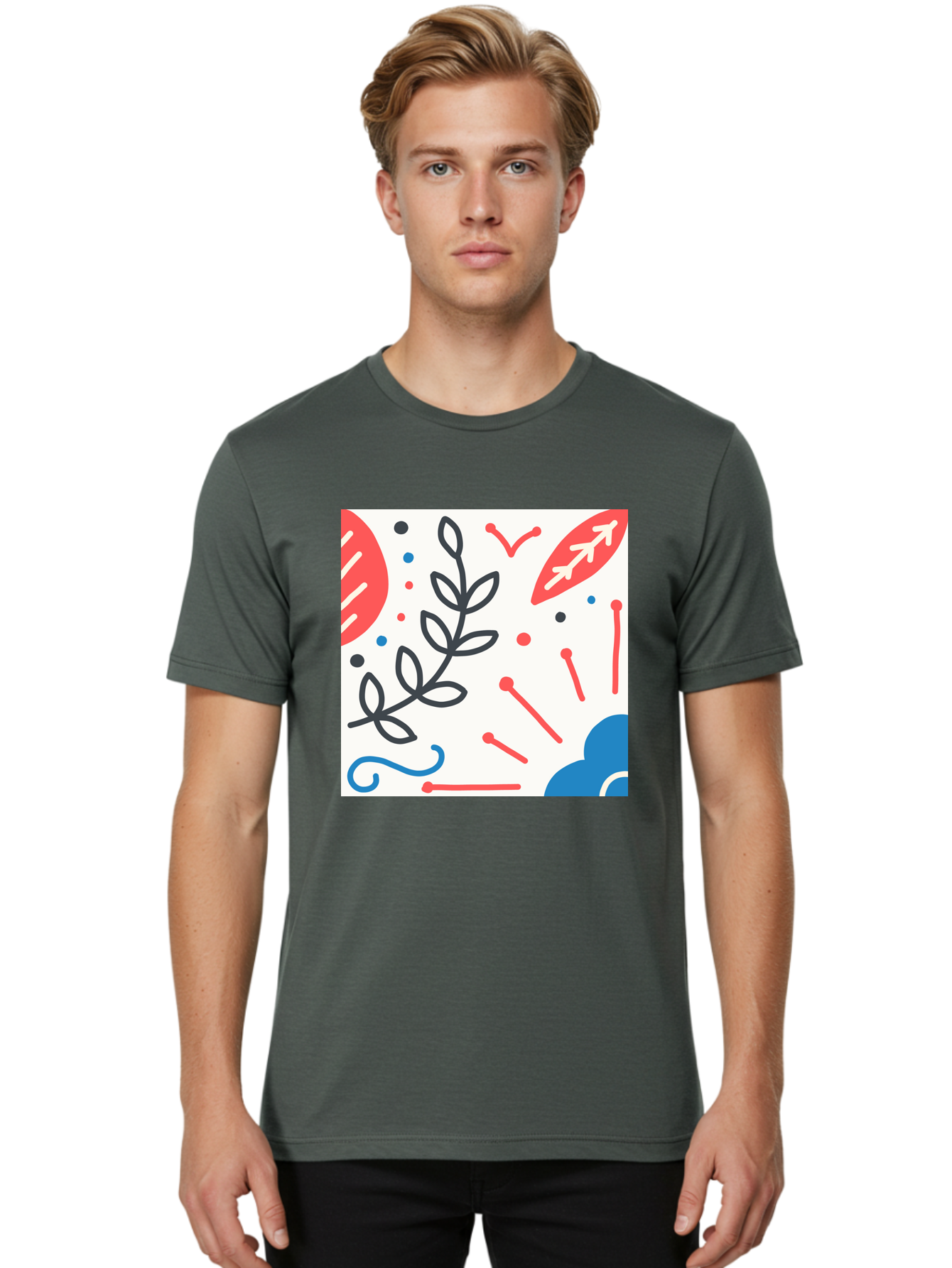 Abstract-Composition Men'S Graphic Tee, 100% Cotton, Comfortable Casual Summer Wear, Machine Washable, Abstract Floral Design, Minimalist Art, Red And Blue Accents, Simple Shapes, Creative Expression, Modern Aesthetic, Decorative Elements, Aab649