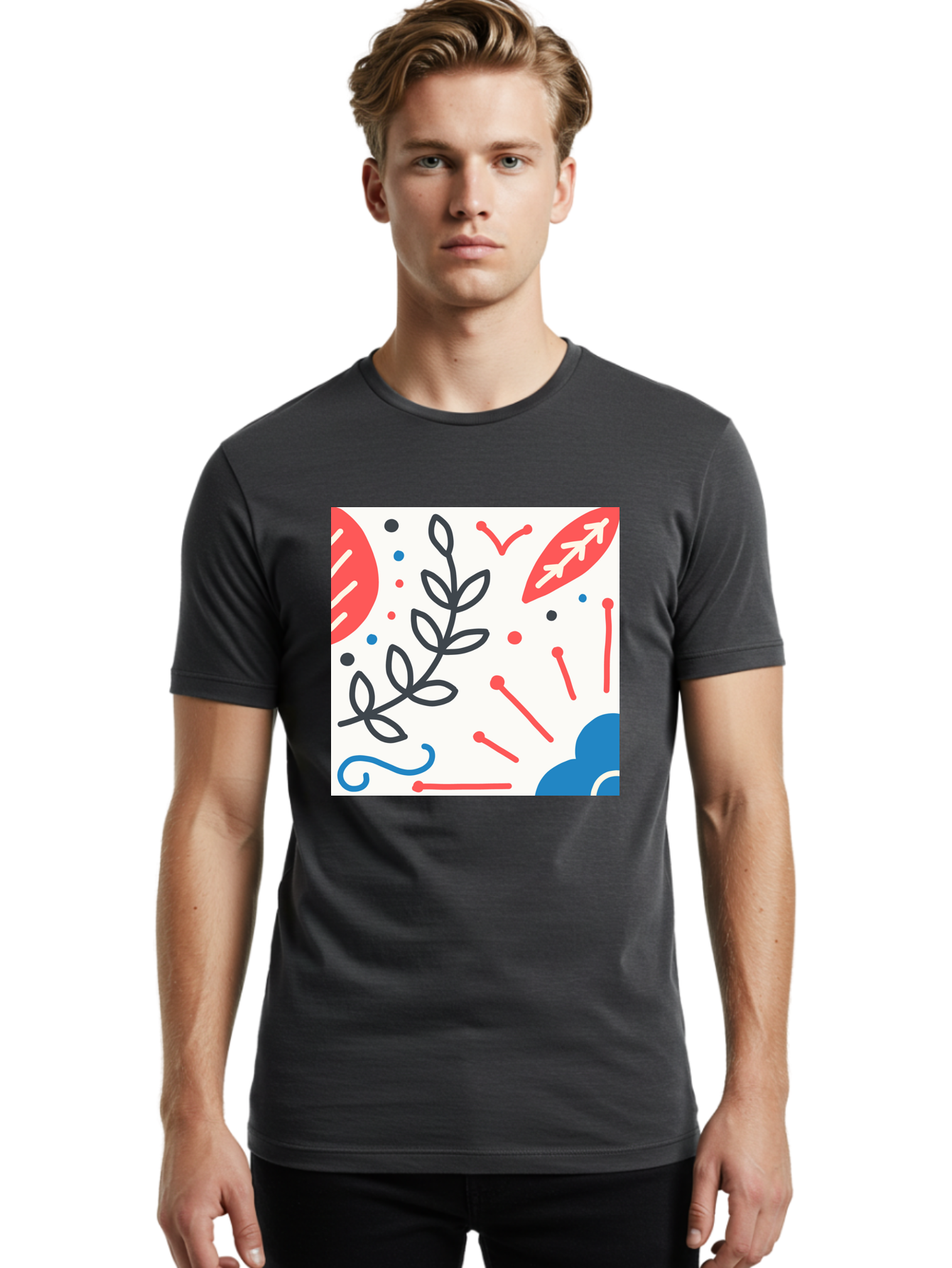 Abstract-Composition Men'S Graphic Tee, 100% Cotton, Comfortable Casual Summer Wear, Machine Washable, Abstract Floral Design, Minimalist Art, Red And Blue Accents, Simple Shapes, Creative Expression, Modern Aesthetic, Decorative Elements, Aab649