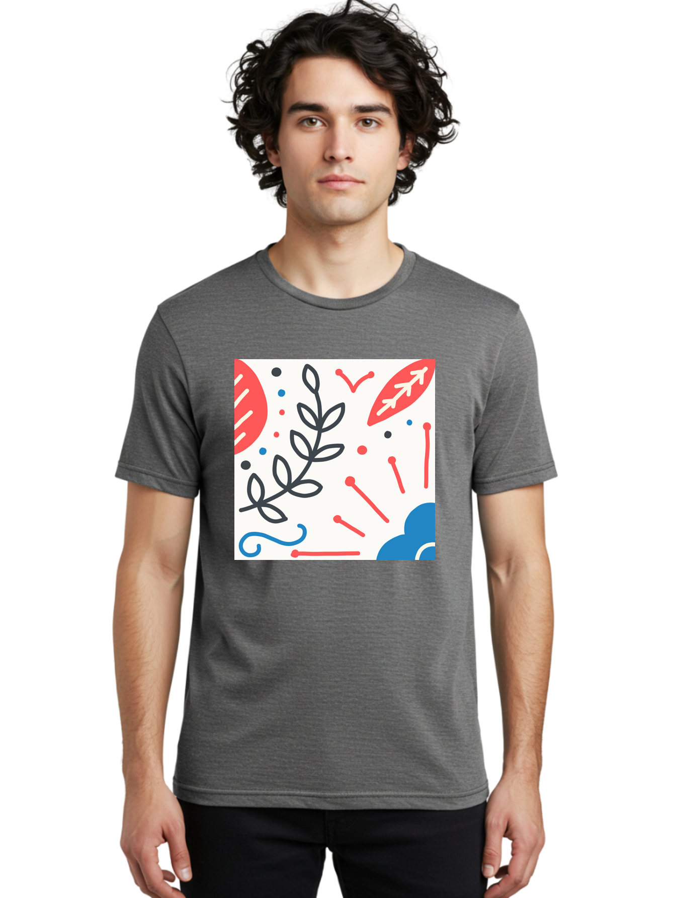 Abstract-Composition Men'S Graphic Tee, 100% Cotton, Comfortable Casual Summer Wear, Machine Washable, Abstract Floral Design, Minimalist Art, Red And Blue Accents, Simple Shapes, Creative Expression, Modern Aesthetic, Decorative Elements, Aab649