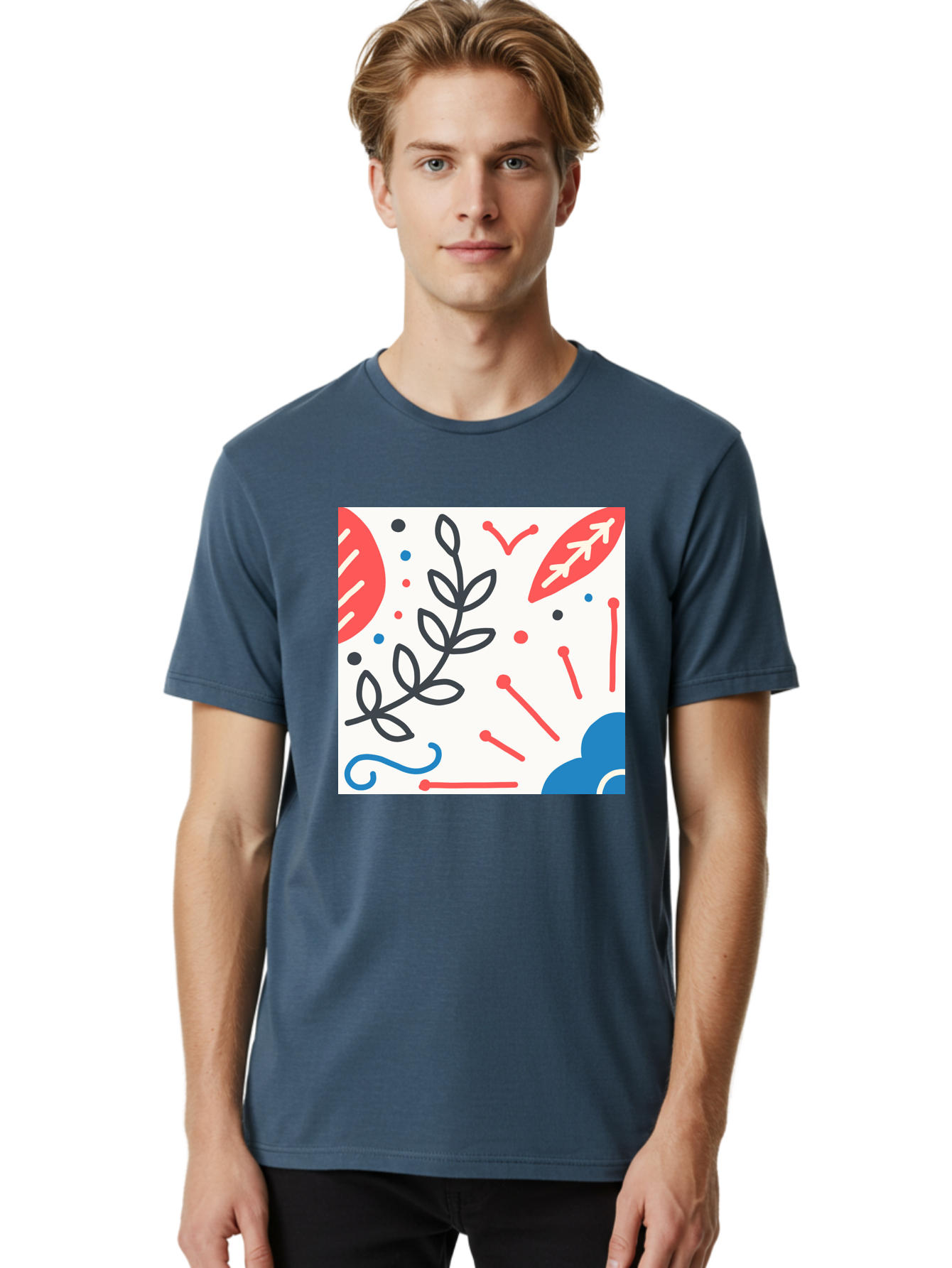 Abstract-Composition Men'S Graphic Tee, 100% Cotton, Comfortable Casual Summer Wear, Machine Washable, Abstract Floral Design, Minimalist Art, Red And Blue Accents, Simple Shapes, Creative Expression, Modern Aesthetic, Decorative Elements, Aab649
