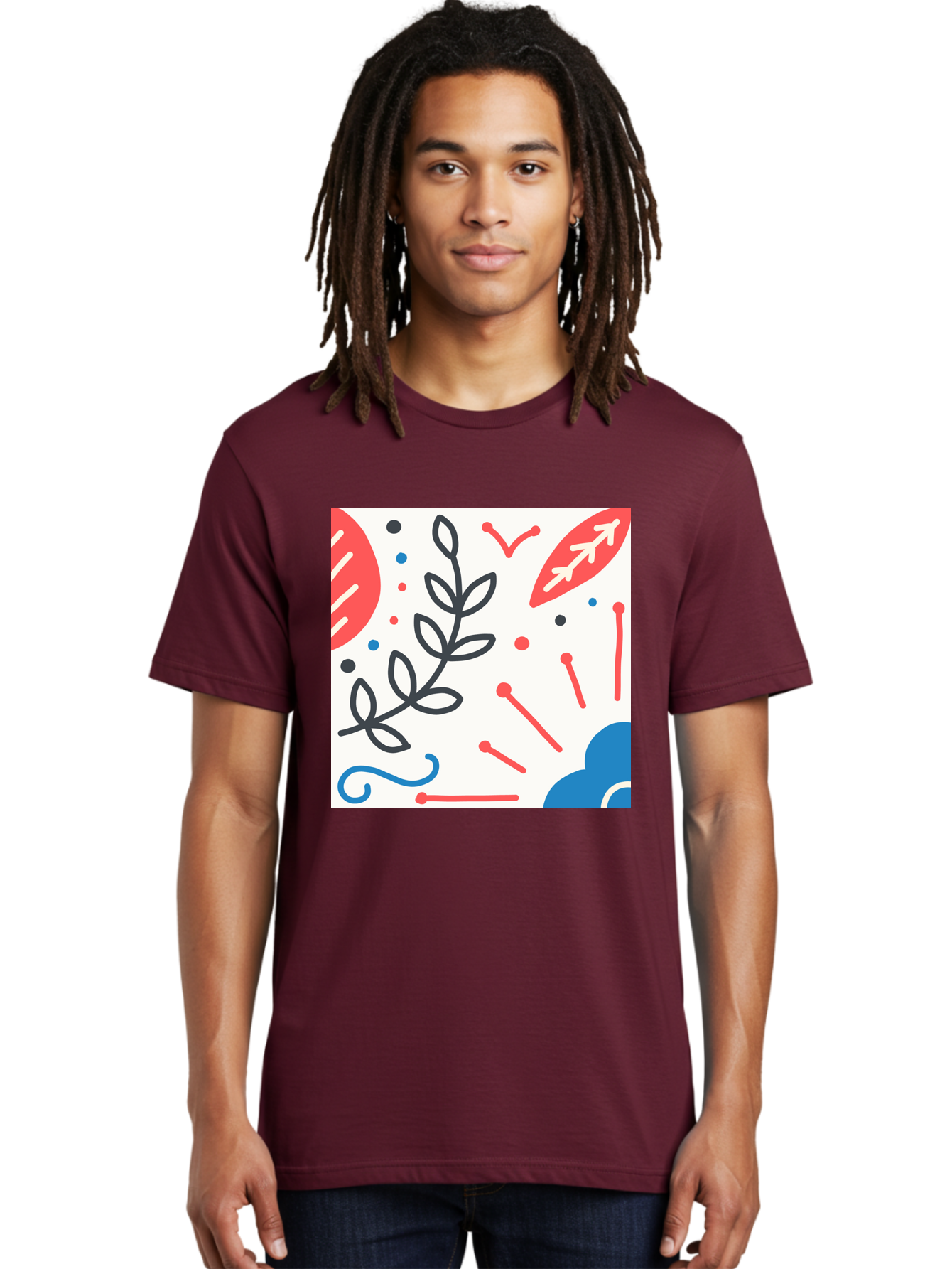 Abstract-Composition Men'S Graphic Tee, 100% Cotton, Comfortable Casual Summer Wear, Machine Washable, Abstract Floral Design, Minimalist Art, Red And Blue Accents, Simple Shapes, Creative Expression, Modern Aesthetic, Decorative Elements, Aab649