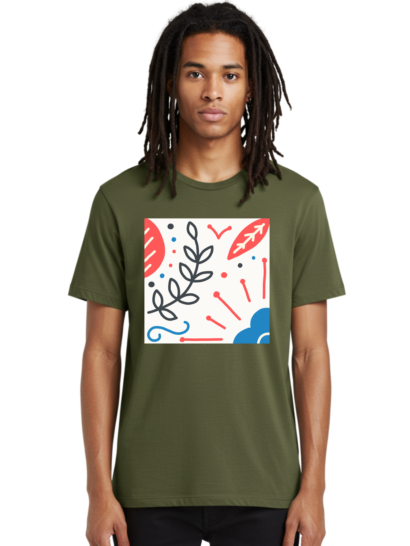 Abstract-Composition Men'S Graphic Tee, 100% Cotton, Comfortable Casual Summer Wear, Machine Washable, Abstract Floral Design, Minimalist Art, Red And Blue Accents, Simple Shapes, Creative Expression, Modern Aesthetic, Decorative Elements, Aab649