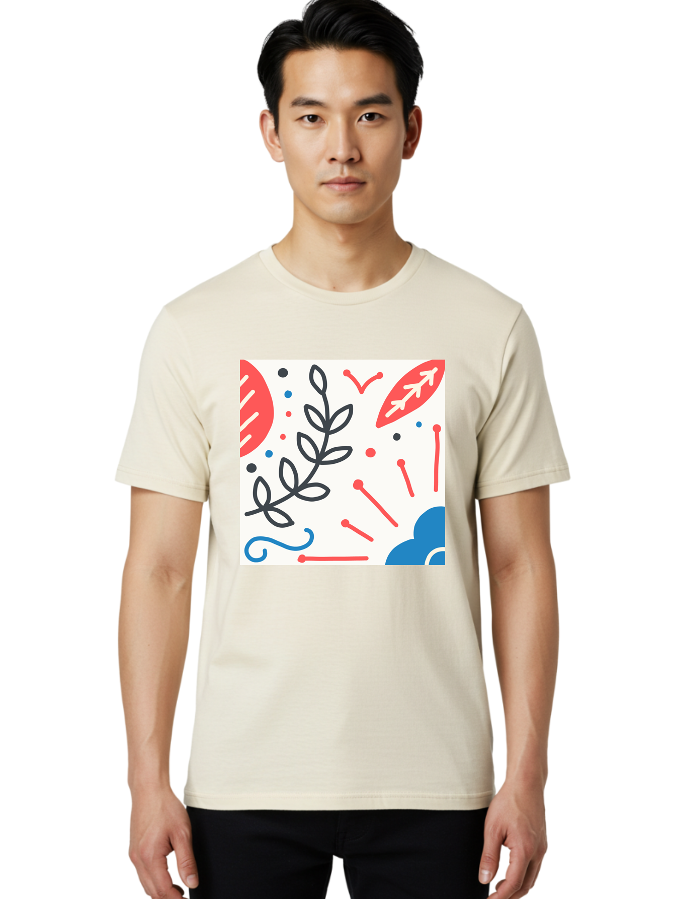 Abstract-Composition Men'S Graphic Tee, 100% Cotton, Comfortable Casual Summer Wear, Machine Washable, Abstract Floral Design, Minimalist Art, Red And Blue Accents, Simple Shapes, Creative Expression, Modern Aesthetic, Decorative Elements, Aab649