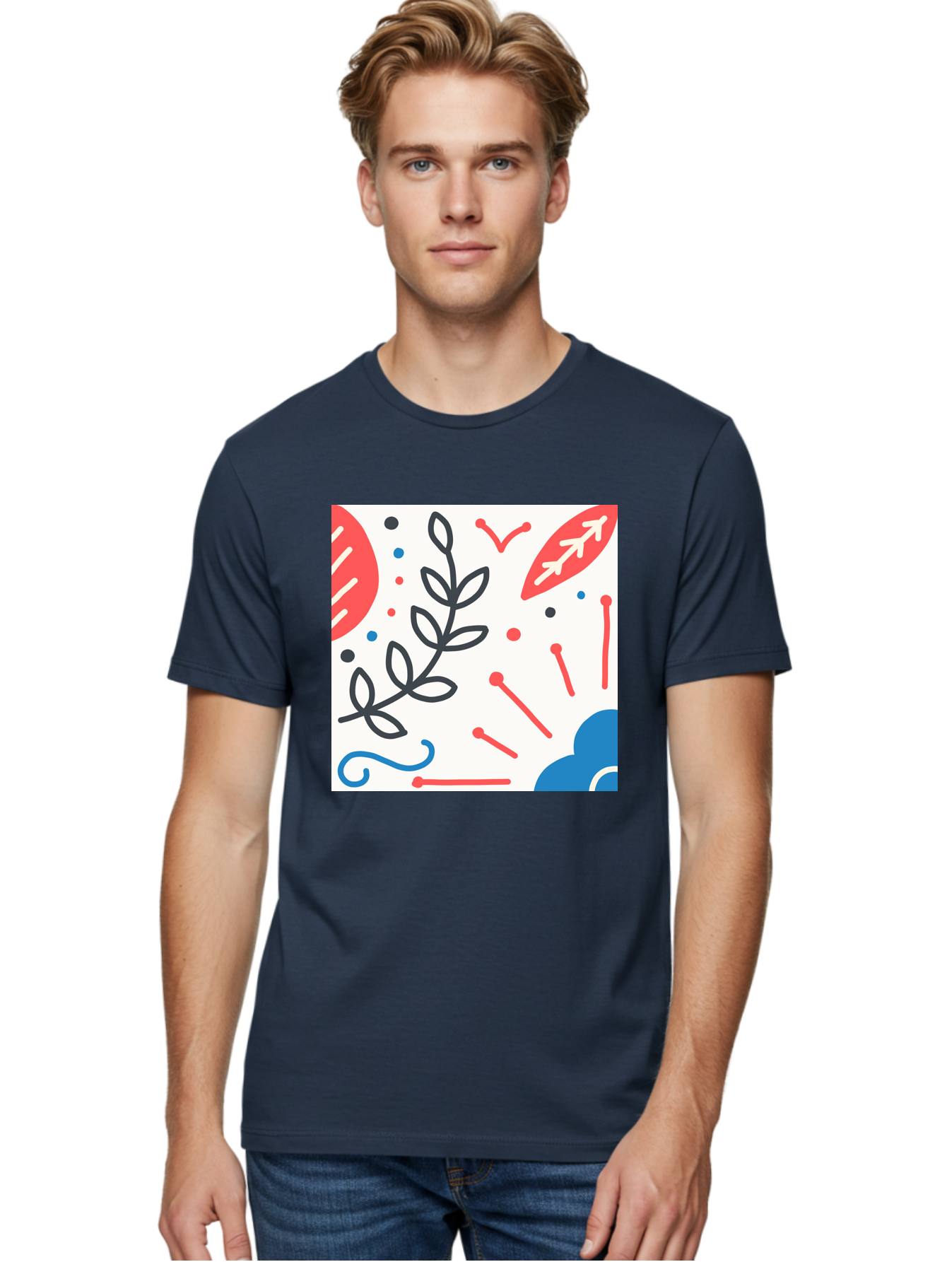Abstract-Composition Men'S Graphic Tee, 100% Cotton, Comfortable Casual Summer Wear, Machine Washable, Abstract Floral Design, Minimalist Art, Red And Blue Accents, Simple Shapes, Creative Expression, Modern Aesthetic, Decorative Elements, Aab649