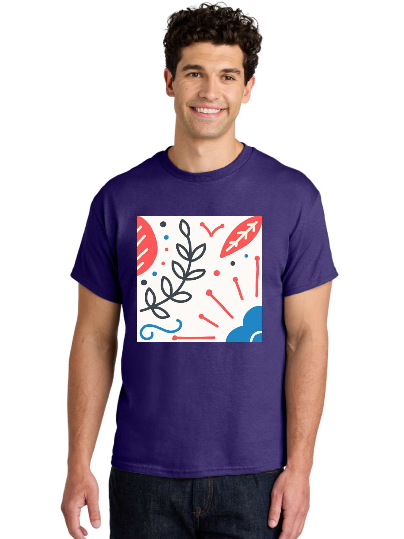 Abstract-Composition Men'S Graphic Tee, 100% Cotton, Comfortable Casual Summer Wear, Machine Washable, Abstract Floral Design, Minimalist Art, Red And Blue Accents, Simple Shapes, Creative Expression, Modern Aesthetic, Decorative Elements, Aab649