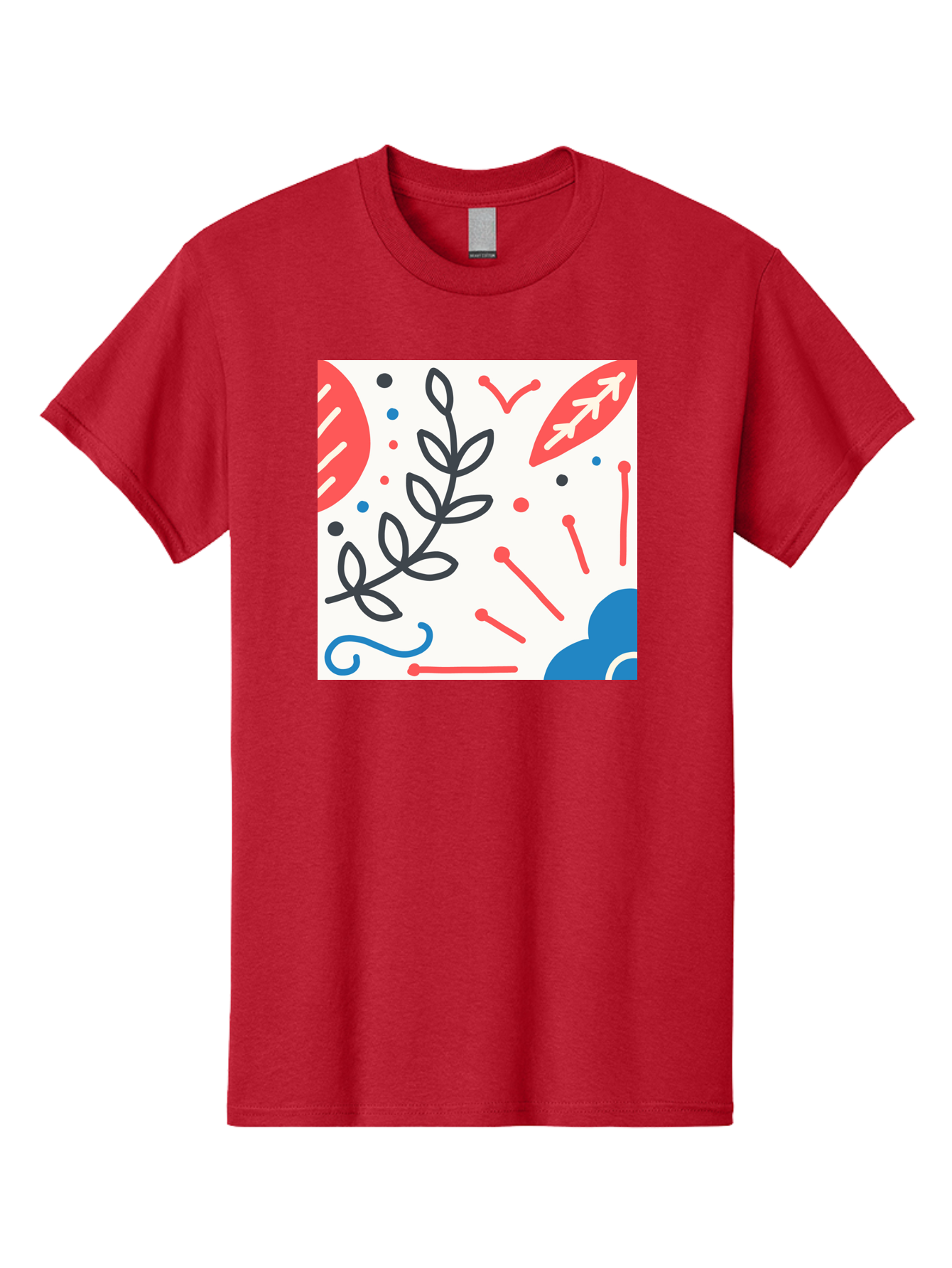 Abstract-Composition Men'S Graphic Tee, 100% Cotton, Comfortable Casual Summer Wear, Machine Washable, Abstract Floral Design, Minimalist Art, Red And Blue Accents, Simple Shapes, Creative Expression, Modern Aesthetic, Decorative Elements, Aab649
