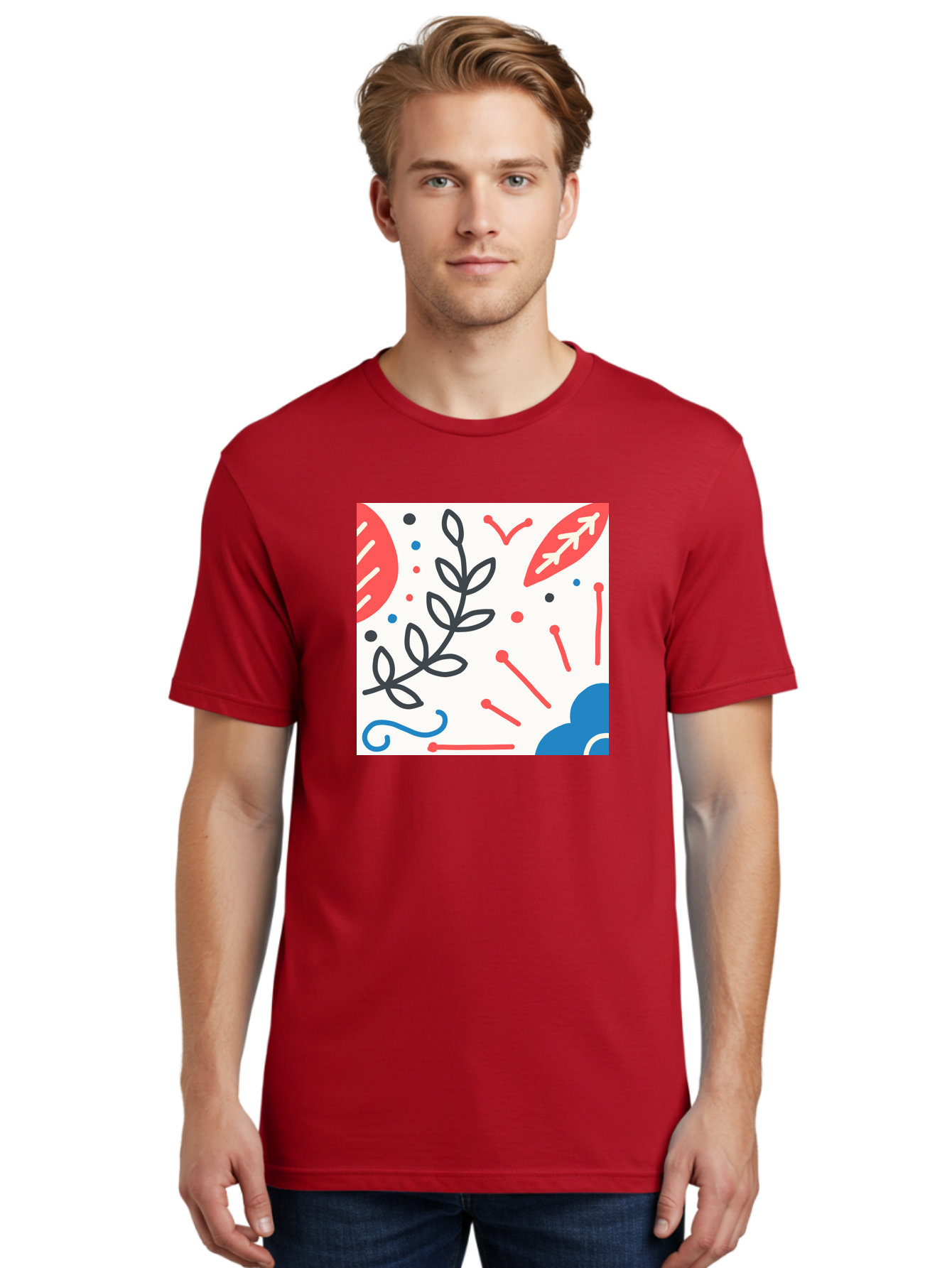 Abstract-Composition Men'S Graphic Tee, 100% Cotton, Comfortable Casual Summer Wear, Machine Washable, Abstract Floral Design, Minimalist Art, Red And Blue Accents, Simple Shapes, Creative Expression, Modern Aesthetic, Decorative Elements, Aab649