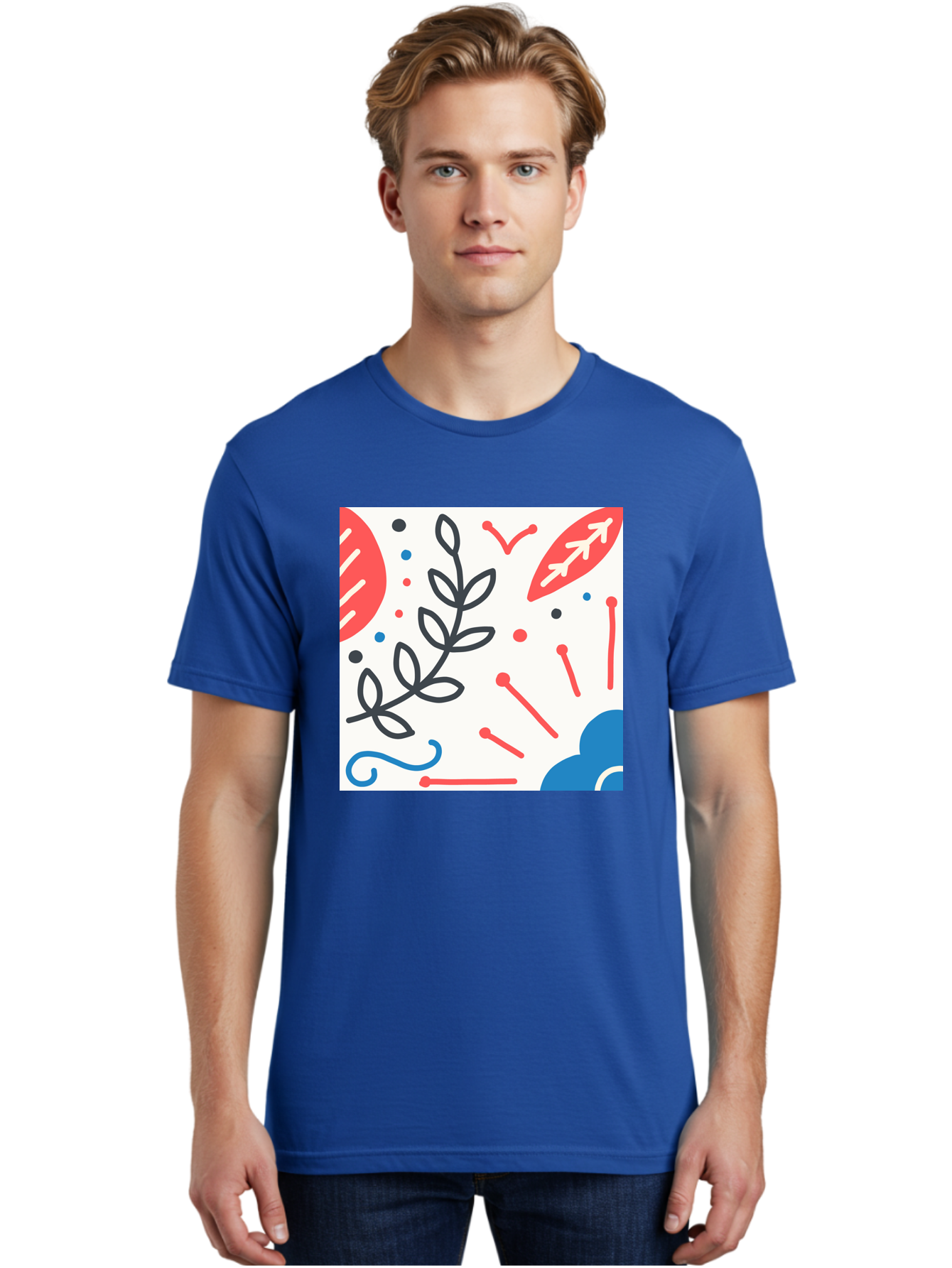 Abstract-Composition Men'S Graphic Tee, 100% Cotton, Comfortable Casual Summer Wear, Machine Washable, Abstract Floral Design, Minimalist Art, Red And Blue Accents, Simple Shapes, Creative Expression, Modern Aesthetic, Decorative Elements, Aab649