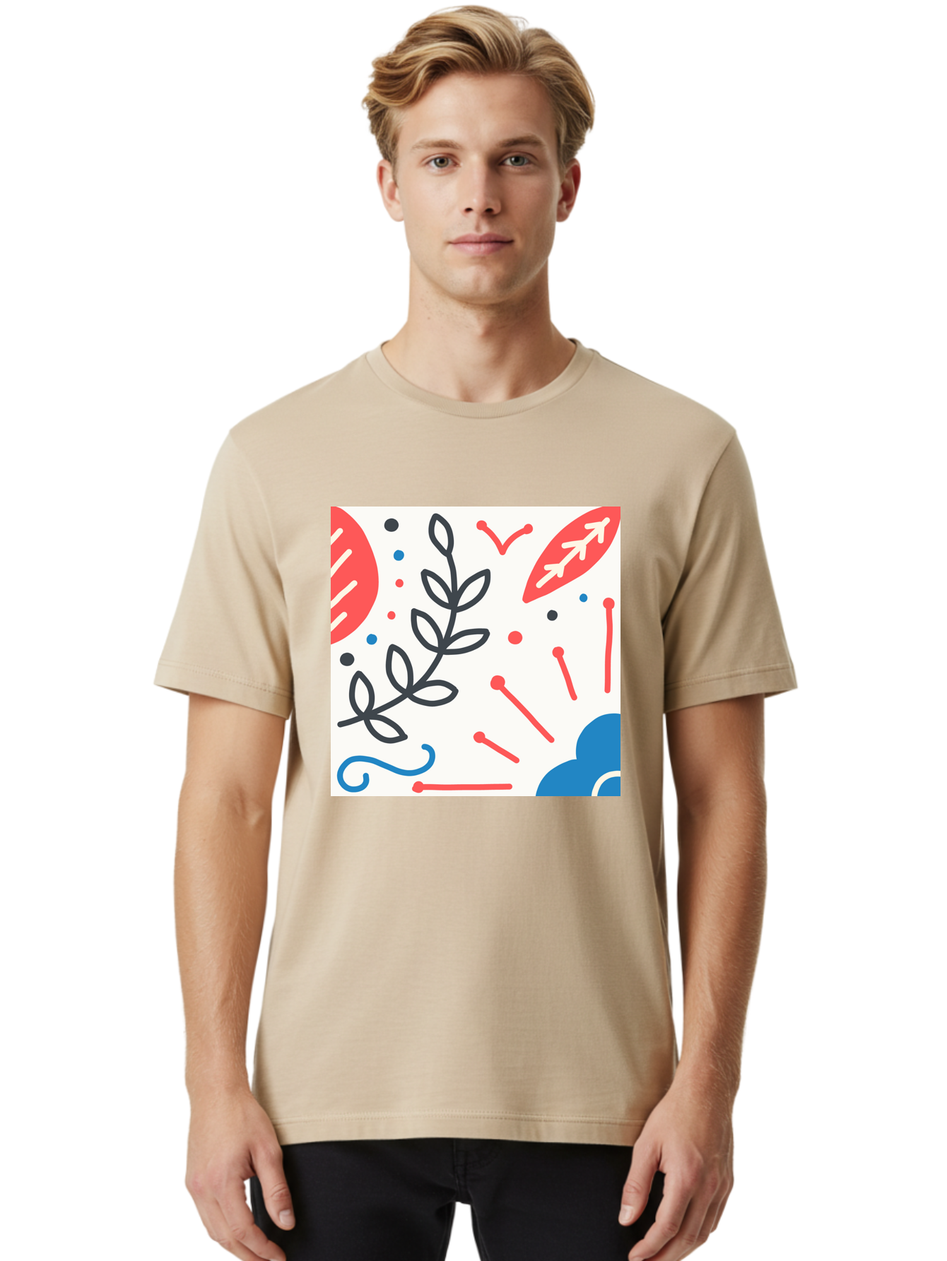 Abstract-Composition Men'S Graphic Tee, 100% Cotton, Comfortable Casual Summer Wear, Machine Washable, Abstract Floral Design, Minimalist Art, Red And Blue Accents, Simple Shapes, Creative Expression, Modern Aesthetic, Decorative Elements, Aab649