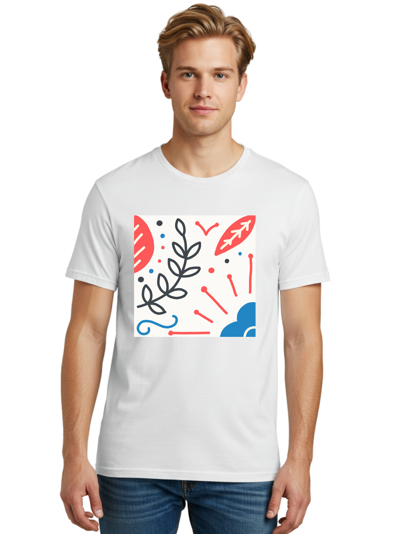 Abstract-Composition Men'S Graphic Tee, 100% Cotton, Comfortable Casual Summer Wear, Machine Washable, Abstract Floral Design, Minimalist Art, Red And Blue Accents, Simple Shapes, Creative Expression, Modern Aesthetic, Decorative Elements, Aab649
