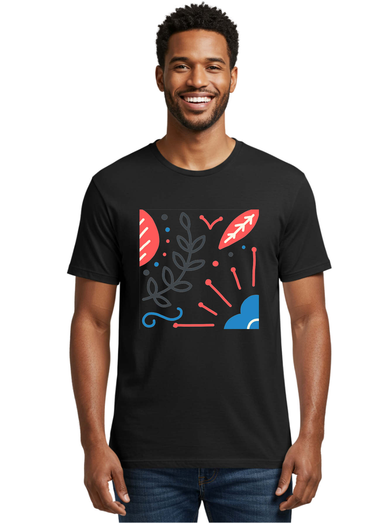 Abstract-Floral-Pattern-2 Men'S Graphic Tee, 100% Cotton, Comfortable Casual Summer Wear, Machine Washable, Memphis Pattern, Abstract Design, Colorful Shapes, Playful Art, Trendy Graphics, Modern Illustration, Vibrant Leaves, Aab651