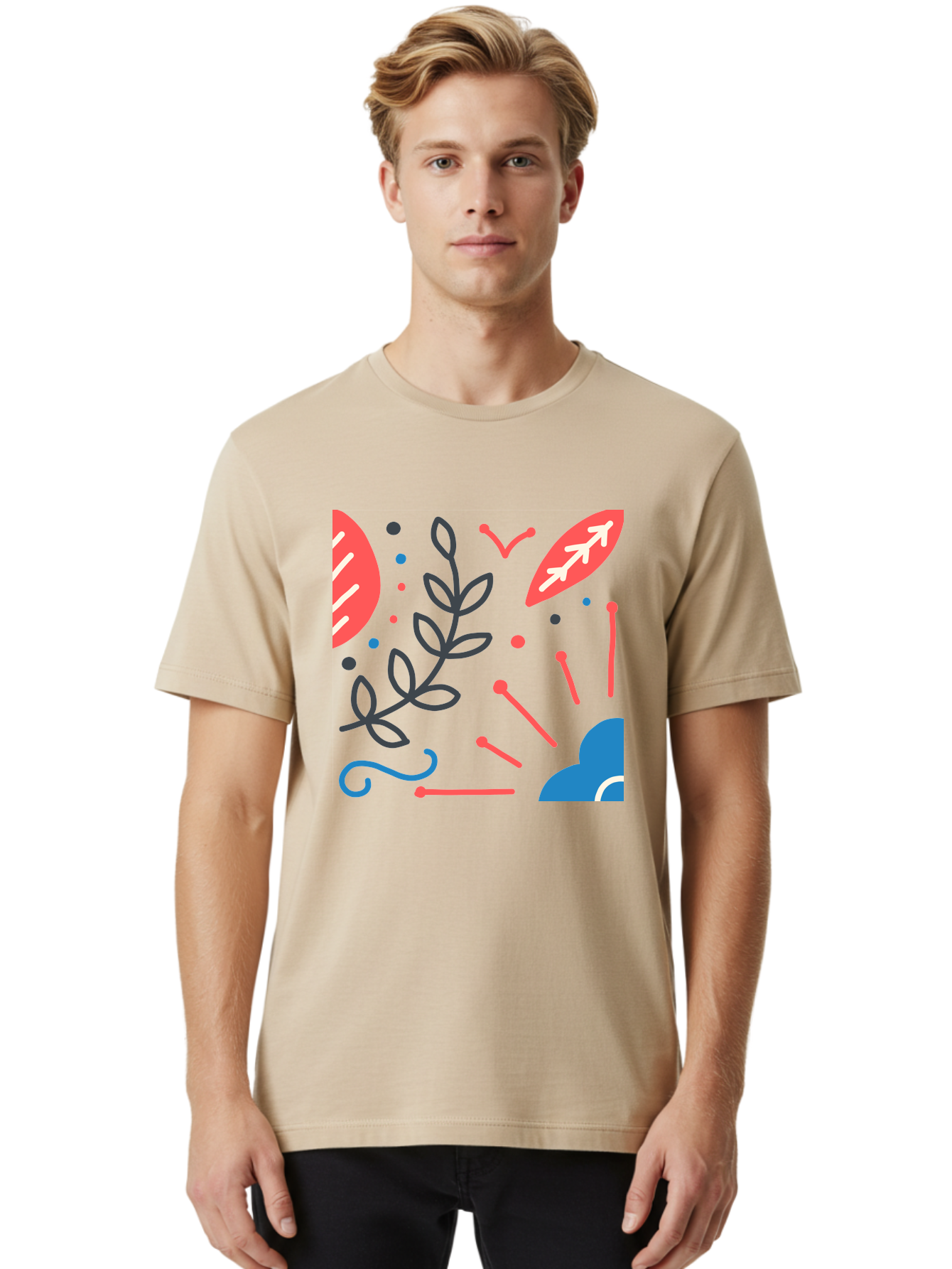 Abstract-Floral-Pattern-2 Men'S Graphic Tee, 100% Cotton, Comfortable Casual Summer Wear, Machine Washable, Memphis Pattern, Abstract Design, Colorful Shapes, Playful Art, Trendy Graphics, Modern Illustration, Vibrant Leaves, Aab651