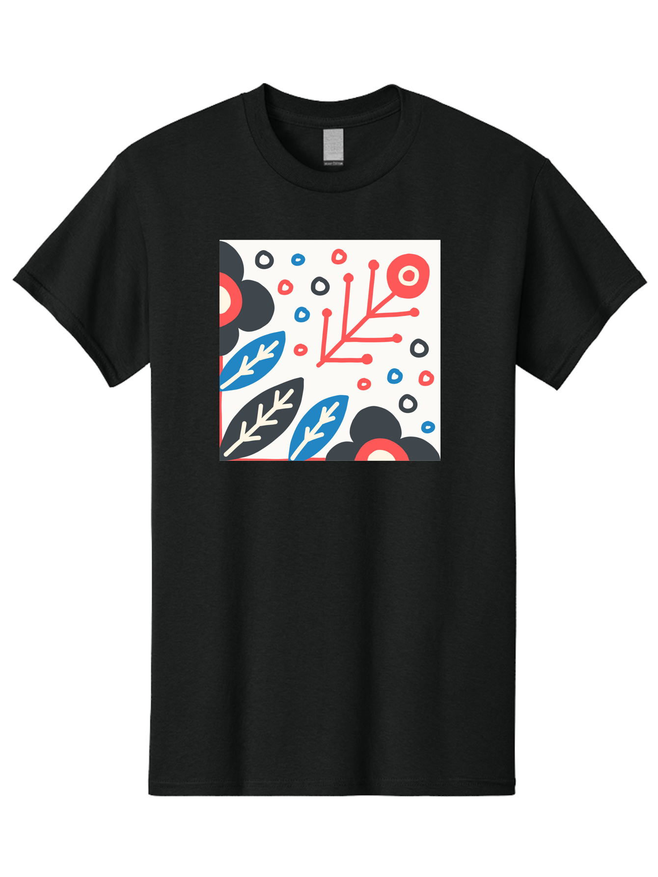 Abstract-Floral-Pattern Men'S Graphic Tee, 100% Cotton, Comfortable Casual Summer Wear, Machine Washable, Stylized Floral Pattern, Abstract Design, Red, Blue, Black, And White Hues, Leafy Elements, Circular Motifs, Modern Art, Graphic Design, Aab652