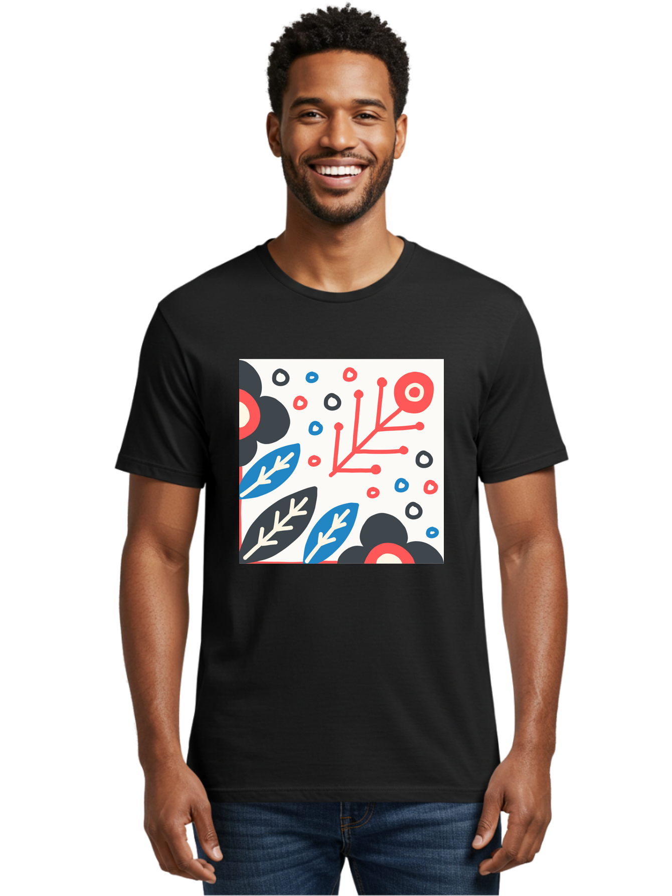 Abstract-Floral-Pattern Men'S Graphic Tee, 100% Cotton, Comfortable Casual Summer Wear, Machine Washable, Stylized Floral Pattern, Abstract Design, Red, Blue, Black, And White Hues, Leafy Elements, Circular Motifs, Modern Art, Graphic Design, Aab652