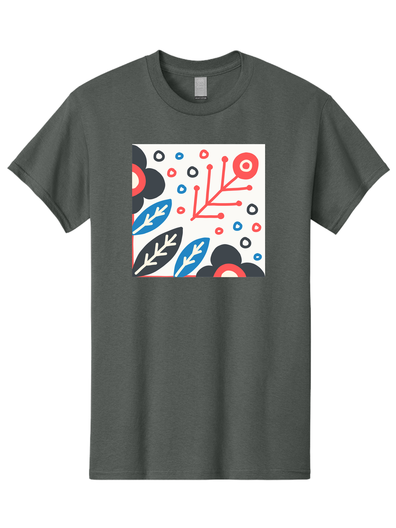 Abstract-Floral-Pattern Men'S Graphic Tee, 100% Cotton, Comfortable Casual Summer Wear, Machine Washable, Stylized Floral Pattern, Abstract Design, Red, Blue, Black, And White Hues, Leafy Elements, Circular Motifs, Modern Art, Graphic Design, Aab652