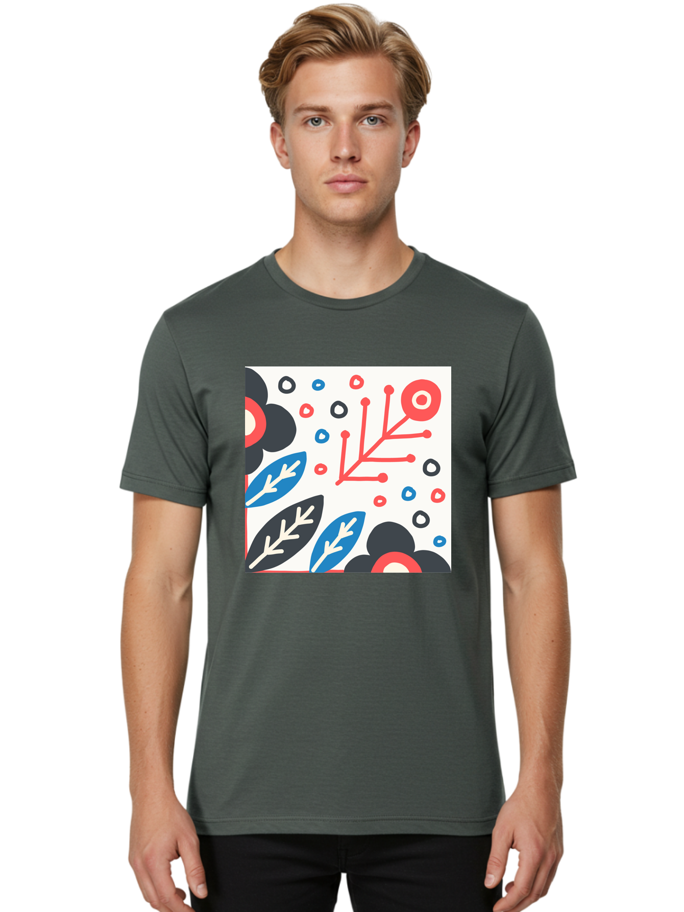 Abstract-Floral-Pattern Men'S Graphic Tee, 100% Cotton, Comfortable Casual Summer Wear, Machine Washable, Stylized Floral Pattern, Abstract Design, Red, Blue, Black, And White Hues, Leafy Elements, Circular Motifs, Modern Art, Graphic Design, Aab652