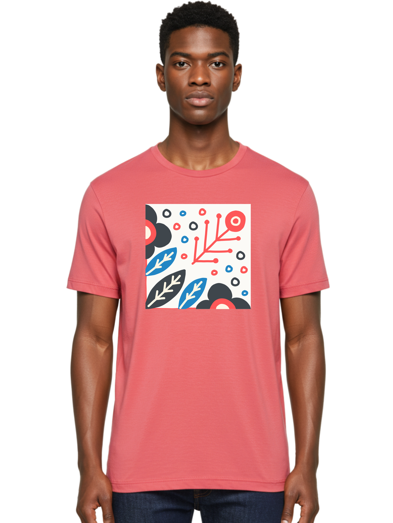 Abstract-Floral-Pattern Men'S Graphic Tee, 100% Cotton, Comfortable Casual Summer Wear, Machine Washable, Stylized Floral Pattern, Abstract Design, Red, Blue, Black, And White Hues, Leafy Elements, Circular Motifs, Modern Art, Graphic Design, Aab652