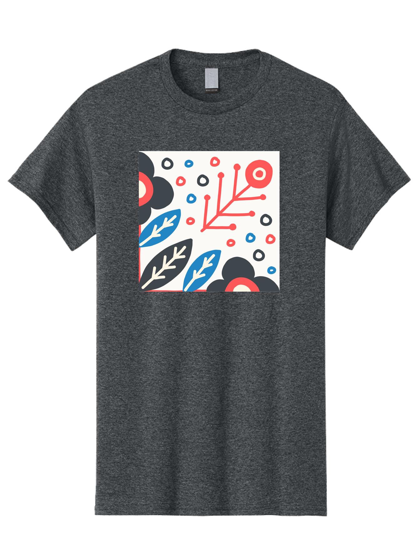 Abstract-Floral-Pattern Men'S Graphic Tee, 100% Cotton, Comfortable Casual Summer Wear, Machine Washable, Stylized Floral Pattern, Abstract Design, Red, Blue, Black, And White Hues, Leafy Elements, Circular Motifs, Modern Art, Graphic Design, Aab652