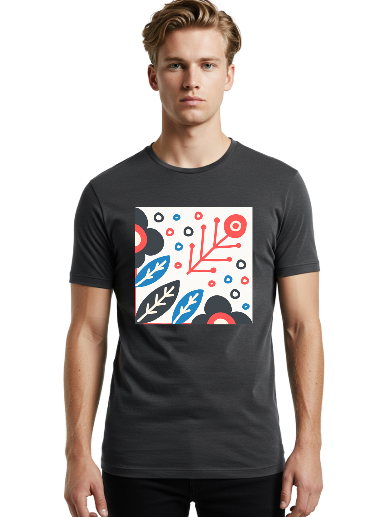 Abstract-Floral-Pattern Men'S Graphic Tee, 100% Cotton, Comfortable Casual Summer Wear, Machine Washable, Stylized Floral Pattern, Abstract Design, Red, Blue, Black, And White Hues, Leafy Elements, Circular Motifs, Modern Art, Graphic Design, Aab652
