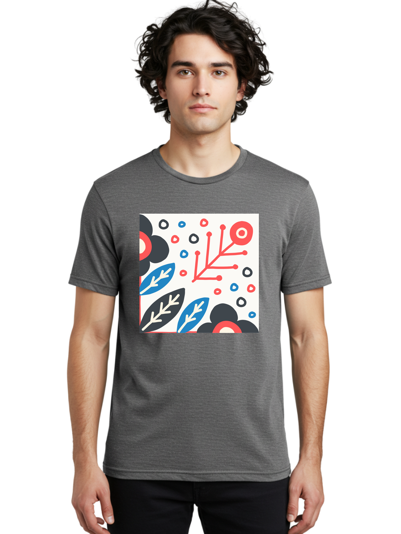 Abstract-Floral-Pattern Men'S Graphic Tee, 100% Cotton, Comfortable Casual Summer Wear, Machine Washable, Stylized Floral Pattern, Abstract Design, Red, Blue, Black, And White Hues, Leafy Elements, Circular Motifs, Modern Art, Graphic Design, Aab652