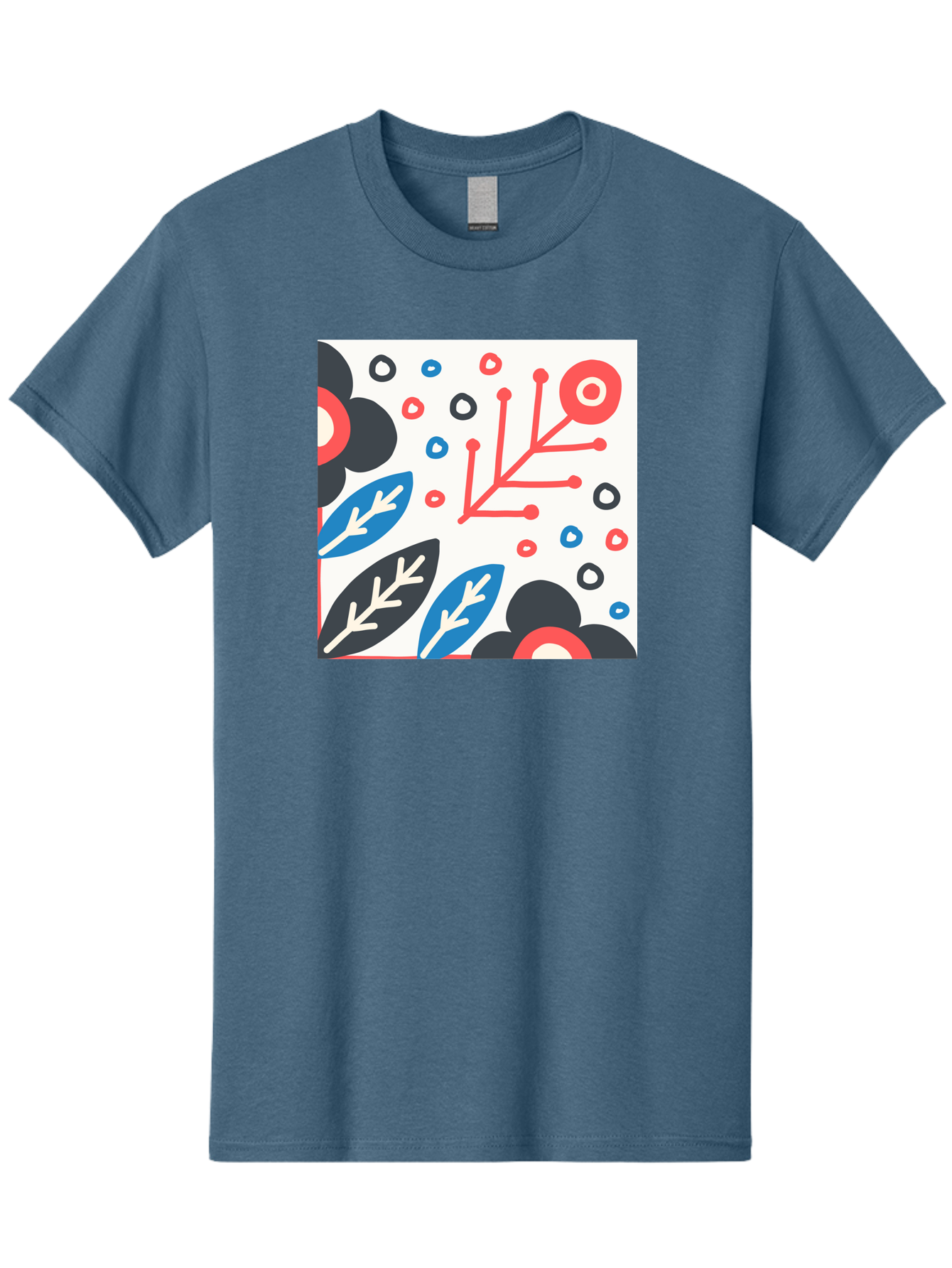 Abstract-Floral-Pattern Men'S Graphic Tee, 100% Cotton, Comfortable Casual Summer Wear, Machine Washable, Stylized Floral Pattern, Abstract Design, Red, Blue, Black, And White Hues, Leafy Elements, Circular Motifs, Modern Art, Graphic Design, Aab652