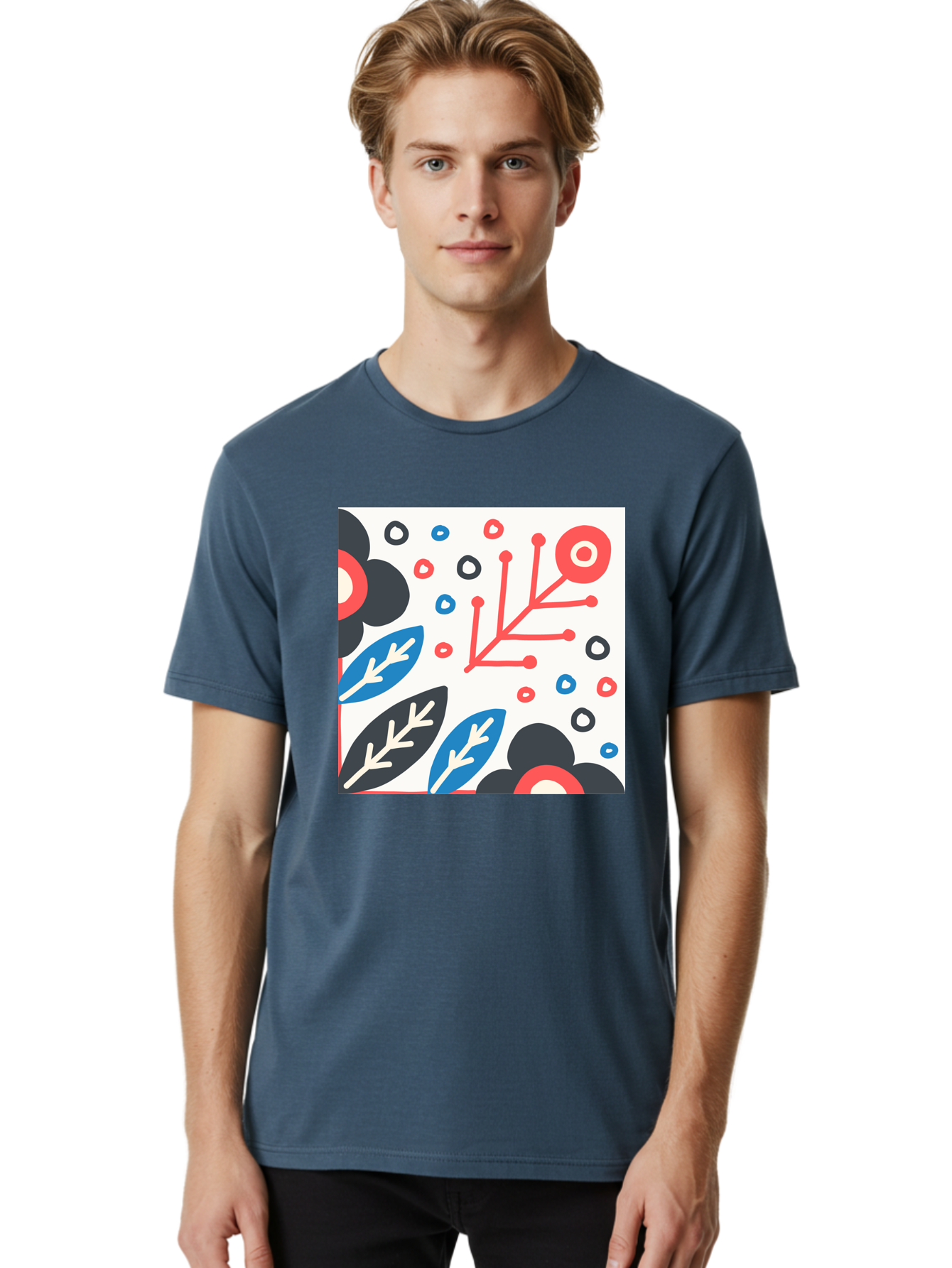 Abstract-Floral-Pattern Men'S Graphic Tee, 100% Cotton, Comfortable Casual Summer Wear, Machine Washable, Stylized Floral Pattern, Abstract Design, Red, Blue, Black, And White Hues, Leafy Elements, Circular Motifs, Modern Art, Graphic Design, Aab652