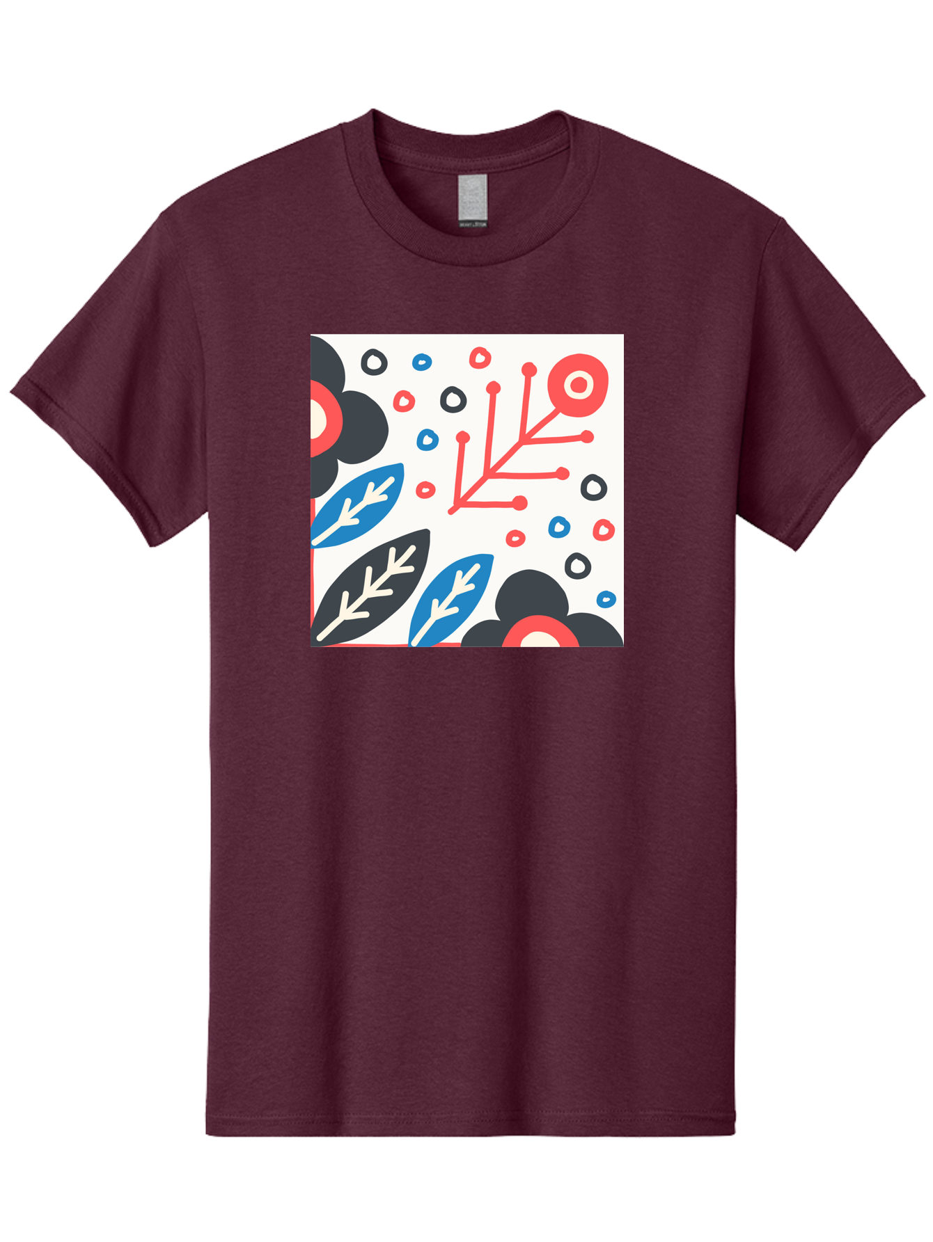 Abstract-Floral-Pattern Men'S Graphic Tee, 100% Cotton, Comfortable Casual Summer Wear, Machine Washable, Stylized Floral Pattern, Abstract Design, Red, Blue, Black, And White Hues, Leafy Elements, Circular Motifs, Modern Art, Graphic Design, Aab652