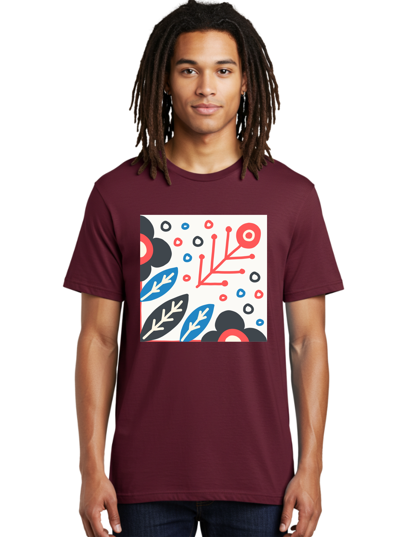 Abstract-Floral-Pattern Men'S Graphic Tee, 100% Cotton, Comfortable Casual Summer Wear, Machine Washable, Stylized Floral Pattern, Abstract Design, Red, Blue, Black, And White Hues, Leafy Elements, Circular Motifs, Modern Art, Graphic Design, Aab652