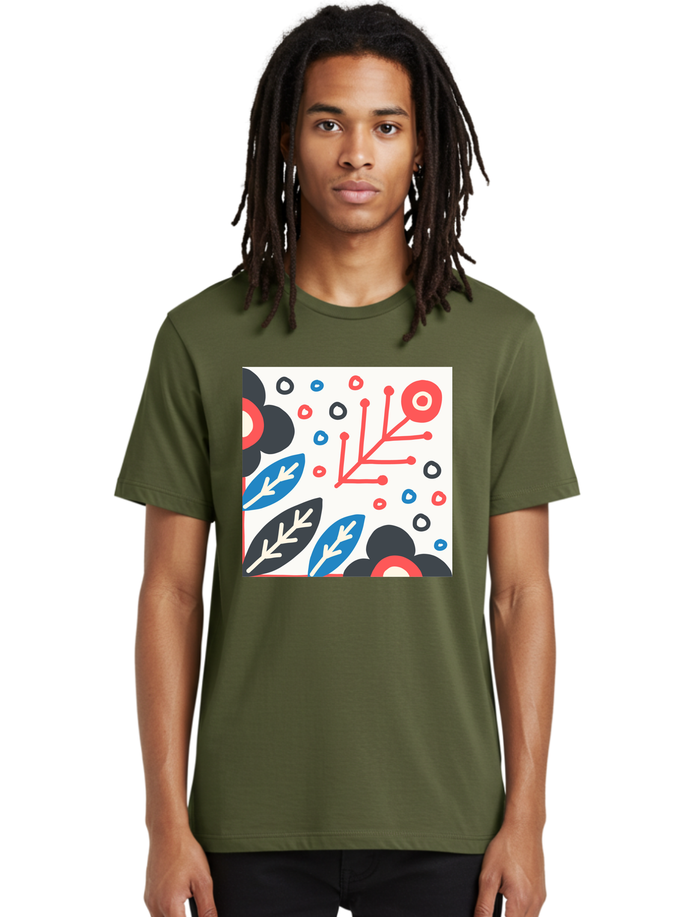 Abstract-Floral-Pattern Men'S Graphic Tee, 100% Cotton, Comfortable Casual Summer Wear, Machine Washable, Stylized Floral Pattern, Abstract Design, Red, Blue, Black, And White Hues, Leafy Elements, Circular Motifs, Modern Art, Graphic Design, Aab652