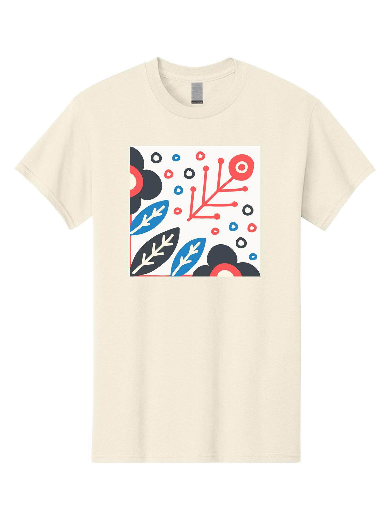 Abstract-Floral-Pattern Men'S Graphic Tee, 100% Cotton, Comfortable Casual Summer Wear, Machine Washable, Stylized Floral Pattern, Abstract Design, Red, Blue, Black, And White Hues, Leafy Elements, Circular Motifs, Modern Art, Graphic Design, Aab652
