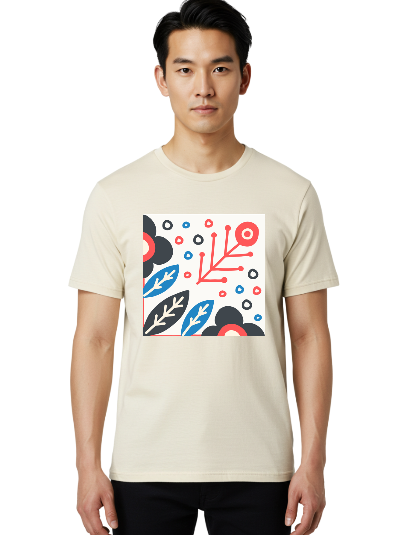 Abstract-Floral-Pattern Men'S Graphic Tee, 100% Cotton, Comfortable Casual Summer Wear, Machine Washable, Stylized Floral Pattern, Abstract Design, Red, Blue, Black, And White Hues, Leafy Elements, Circular Motifs, Modern Art, Graphic Design, Aab652