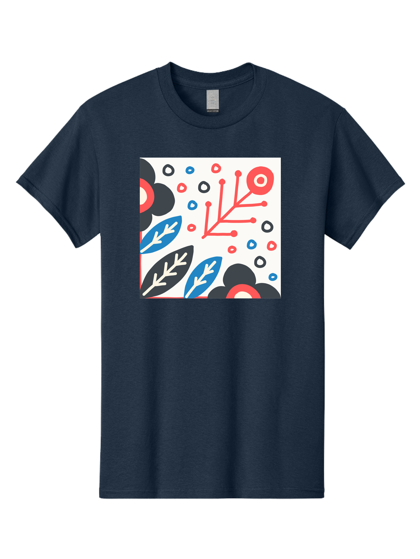 Abstract-Floral-Pattern Men'S Graphic Tee, 100% Cotton, Comfortable Casual Summer Wear, Machine Washable, Stylized Floral Pattern, Abstract Design, Red, Blue, Black, And White Hues, Leafy Elements, Circular Motifs, Modern Art, Graphic Design, Aab652