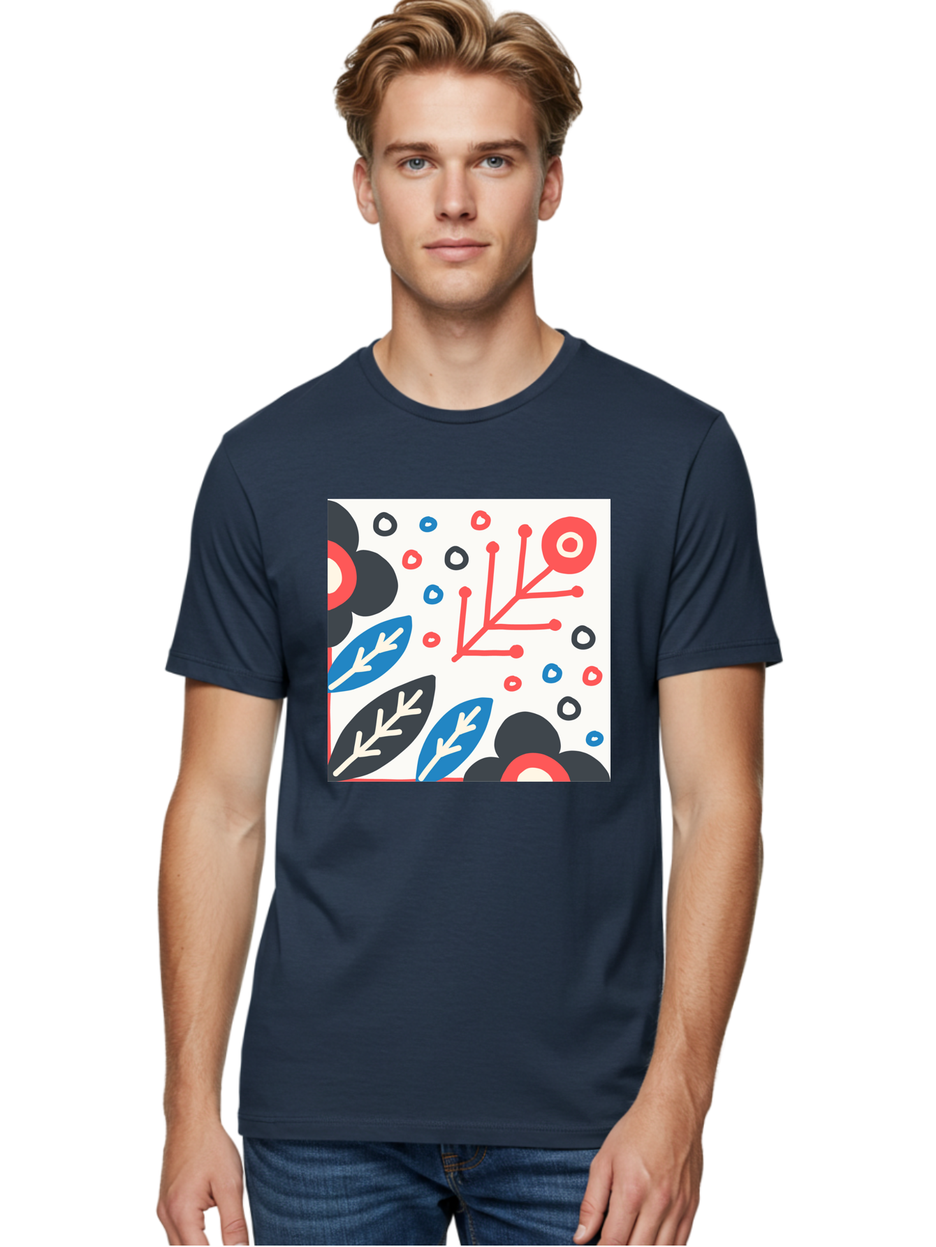 Abstract-Floral-Pattern Men'S Graphic Tee, 100% Cotton, Comfortable Casual Summer Wear, Machine Washable, Stylized Floral Pattern, Abstract Design, Red, Blue, Black, And White Hues, Leafy Elements, Circular Motifs, Modern Art, Graphic Design, Aab652