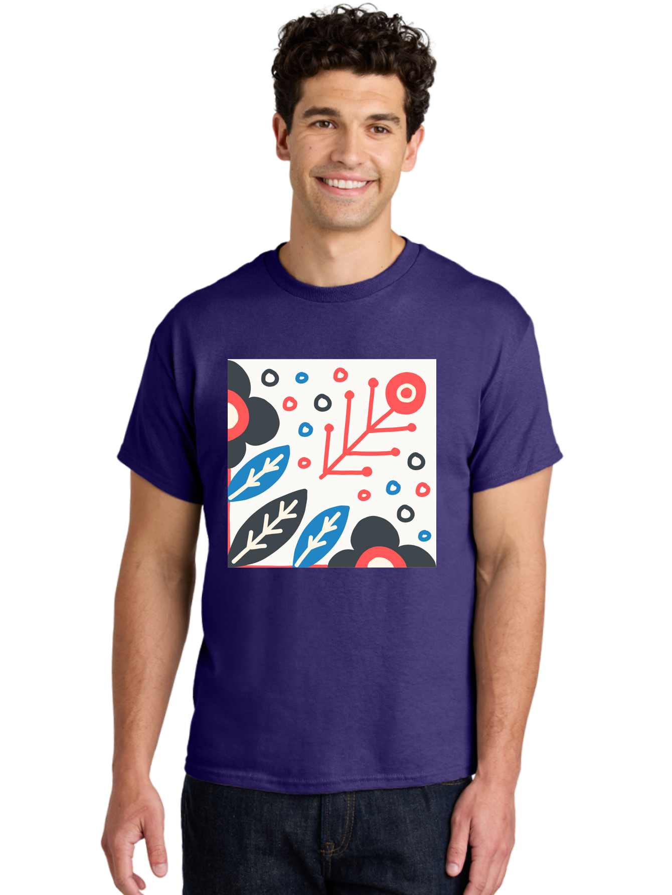 Abstract-Floral-Pattern Men'S Graphic Tee, 100% Cotton, Comfortable Casual Summer Wear, Machine Washable, Stylized Floral Pattern, Abstract Design, Red, Blue, Black, And White Hues, Leafy Elements, Circular Motifs, Modern Art, Graphic Design, Aab652